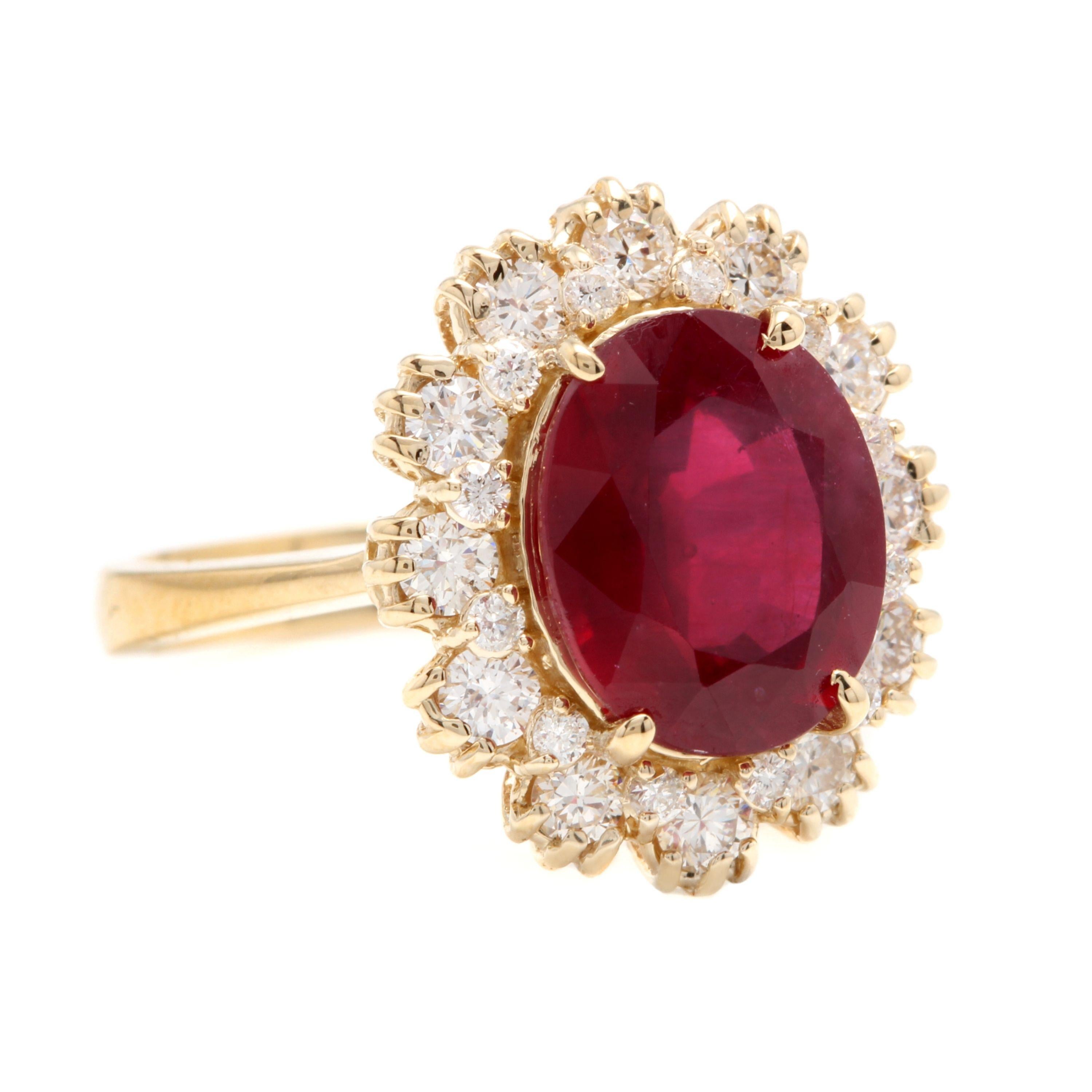 7.20 Carats Impressive Natural Red Ruby and Diamond 18K Yellow Gold Ring

Total Red Ruby Weight is Approx. 6.00 Carats (Lead Glass Filled)

Ruby Measures: Approx. 11.00 x 9.00mm

Natural Round Diamonds Weight: Approx. 1.20 Carats (color G-H /