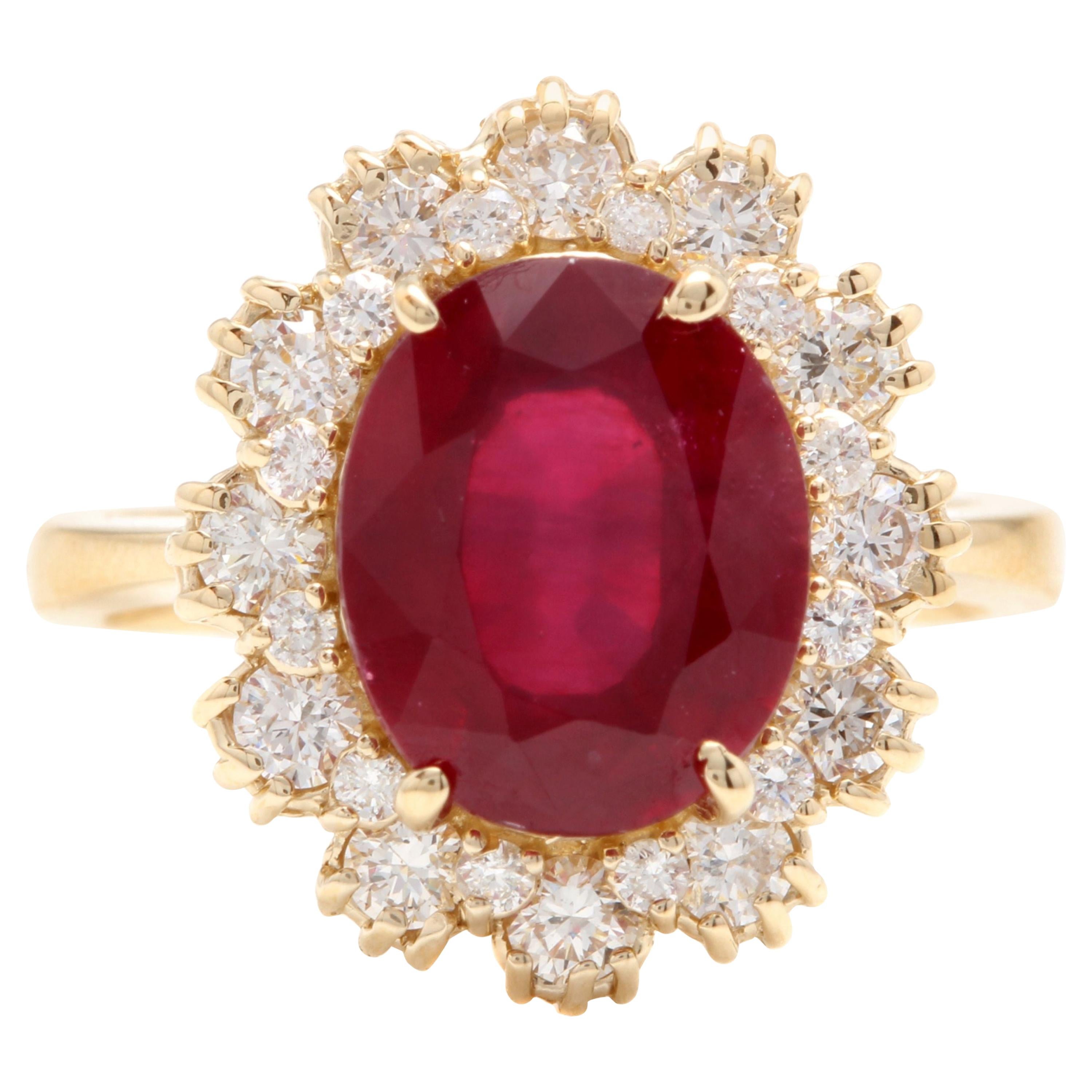 7.20 Carat Natural Red Ruby and Diamond 18 Karat Solid Yellow Gold Ring