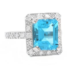 6.60 Carat Natural Swiss Blue Topaz and Diamond 14 Karat Solid White Gold Ring