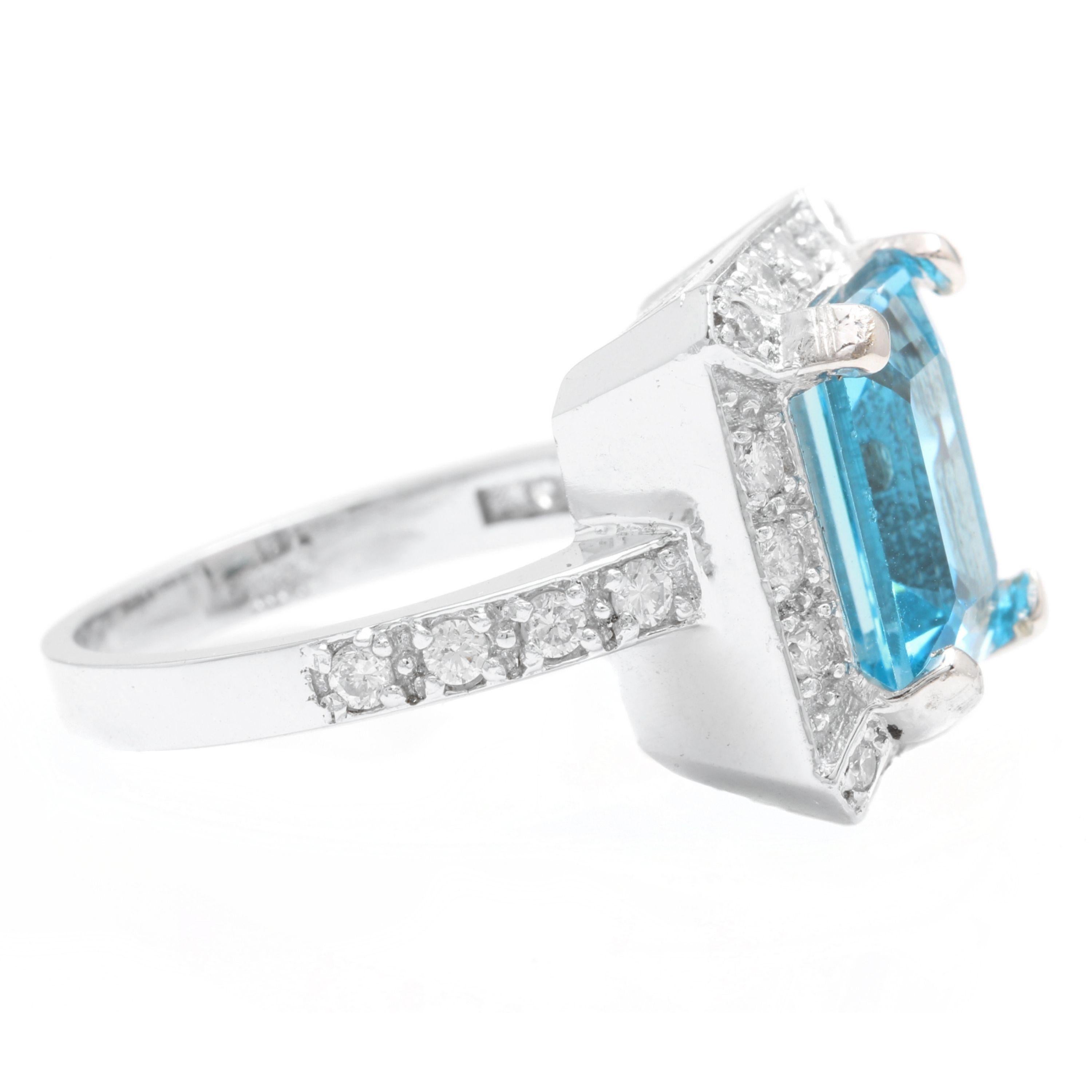 Mixed Cut 6.60 Carat Natural Swiss Blue Topaz and Diamond 14 Karat Solid White Gold Ring For Sale