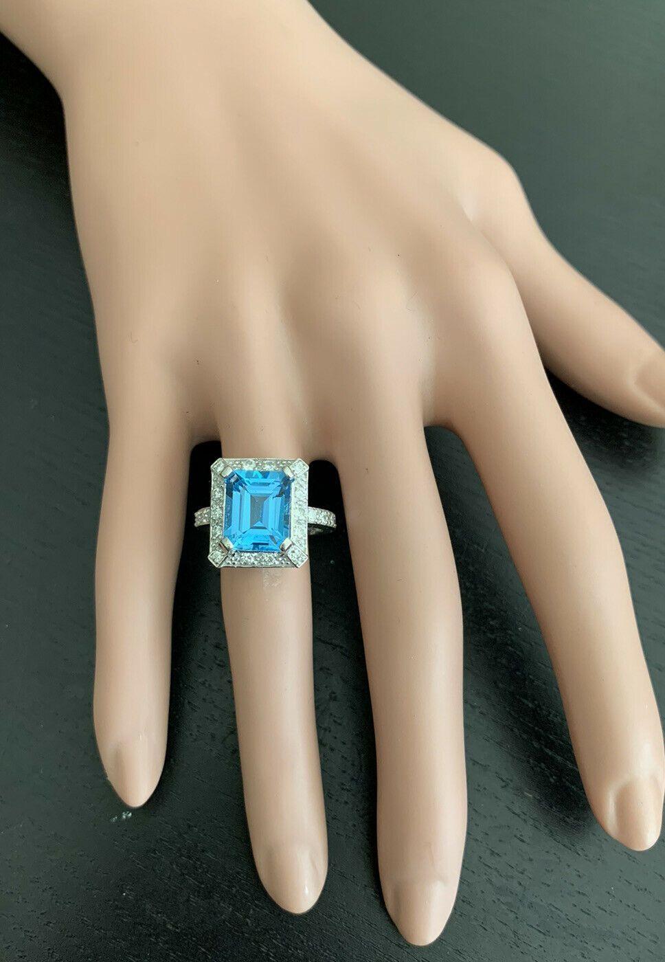 6.60 Carat Natural Swiss Blue Topaz and Diamond 14 Karat Solid White Gold Ring For Sale 1