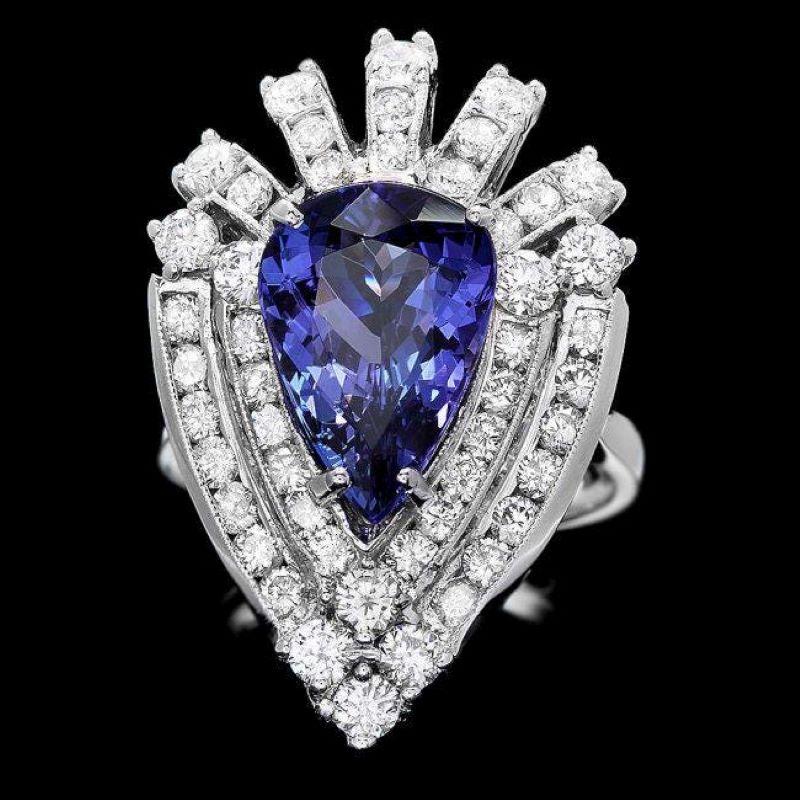 Mixed Cut 6.60 Carats Natural Tanzanite and Diamond 14K Solid White Gold Ring For Sale