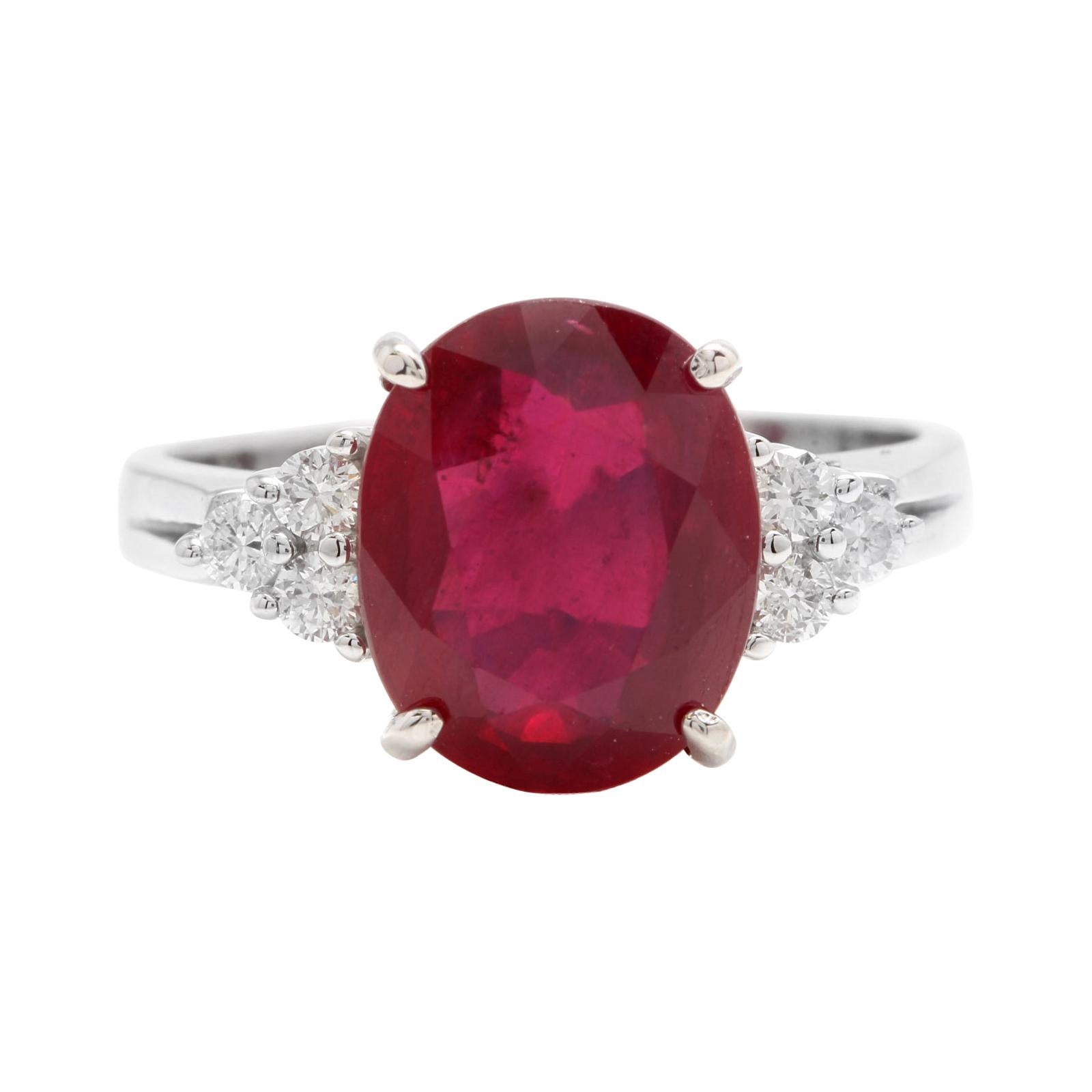 6.60 Carats Red Ruby and Diamond 14k Solid White Gold Ring For Sale