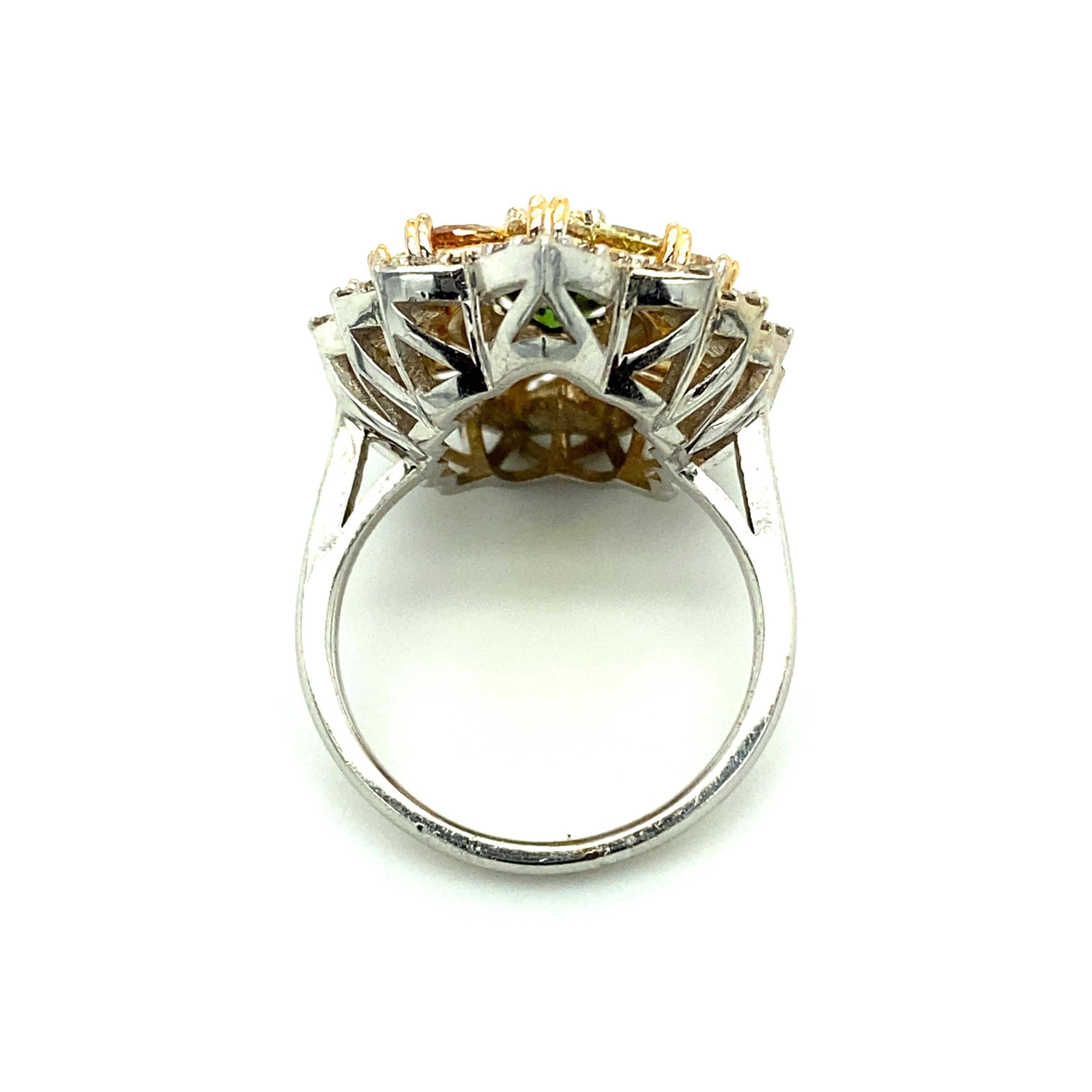 Contemporary 6.60 Ct Green Tourmaline & Multi-Color Diamond Ring in 18kt White Gold