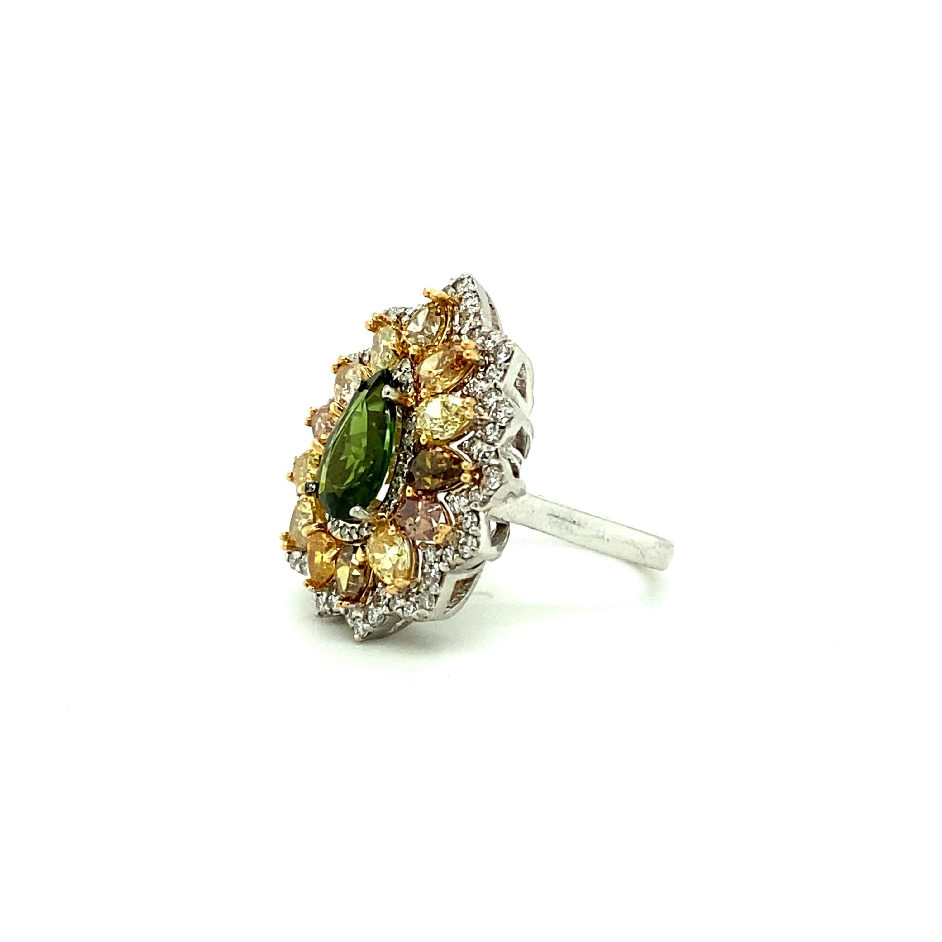 Pear Cut 6.60 Ct Green Tourmaline & Multi-Color Diamond Ring in 18kt White Gold