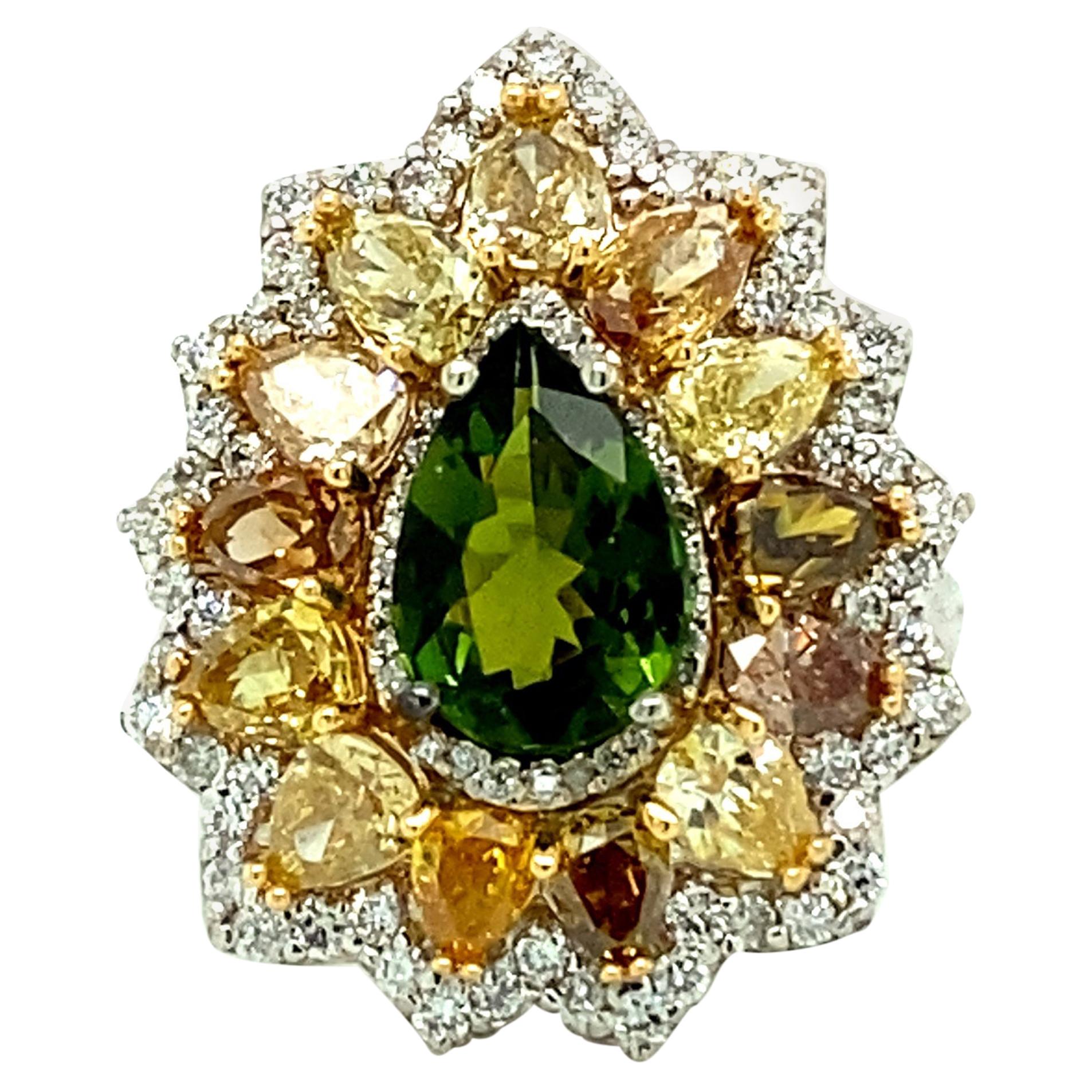 6.60 Ct Green Tourmaline & Multi-Color Diamond Ring in 18kt White Gold