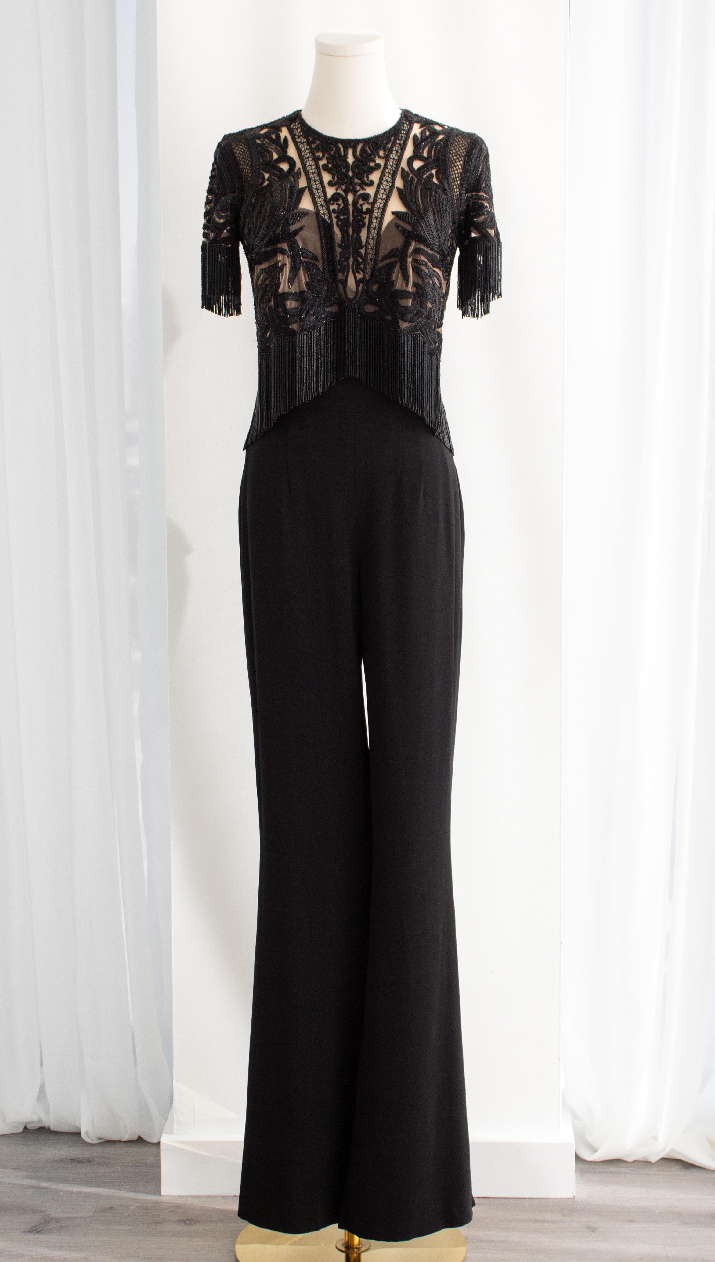 Women's $6600 Zuhair Murad Embellished Red Carpet Tassel Beaded Black Jumpsuit