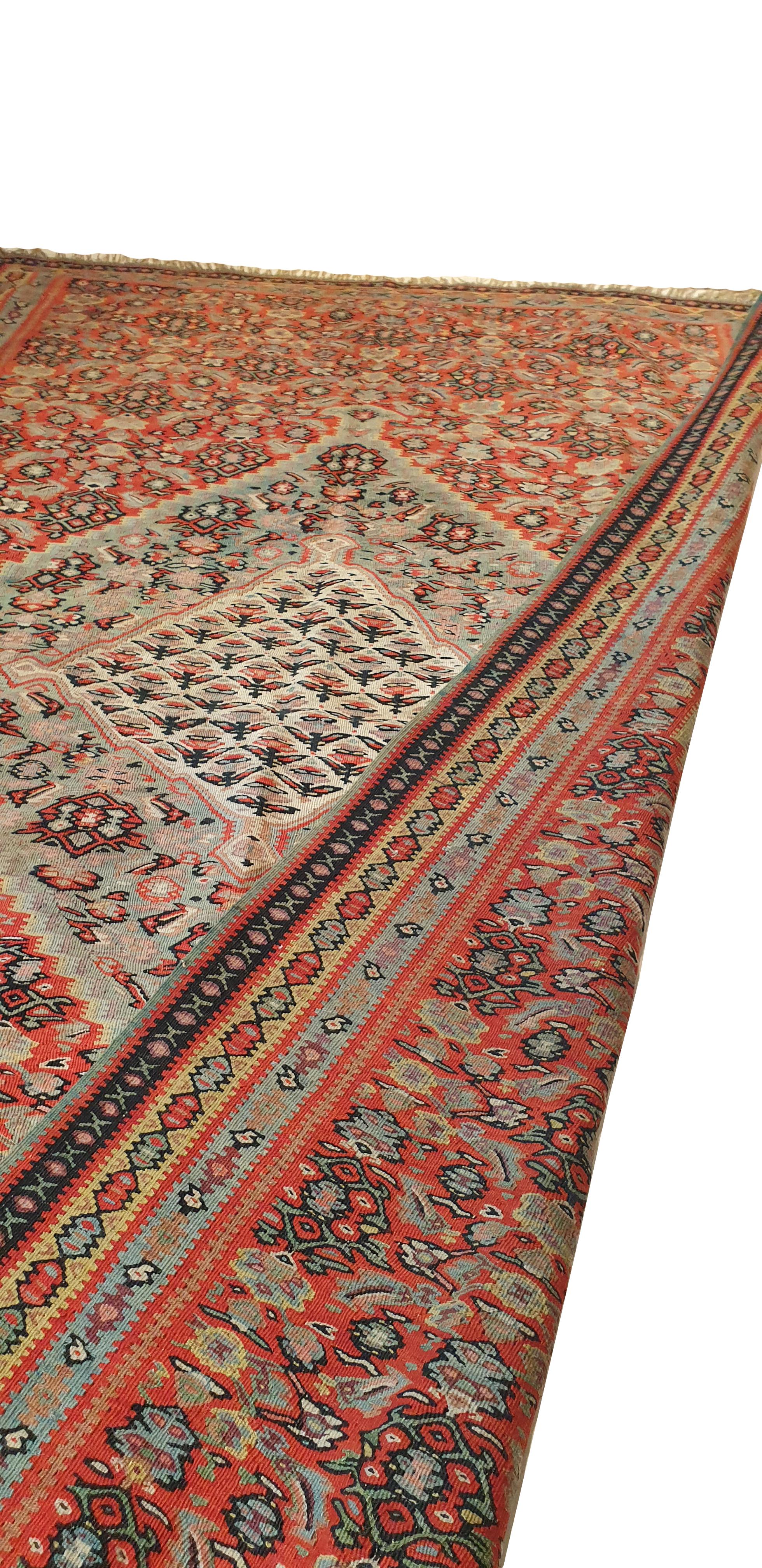 Wool 661 - 19th Century Senneh Kilim with Beautiful Patterns For Sale