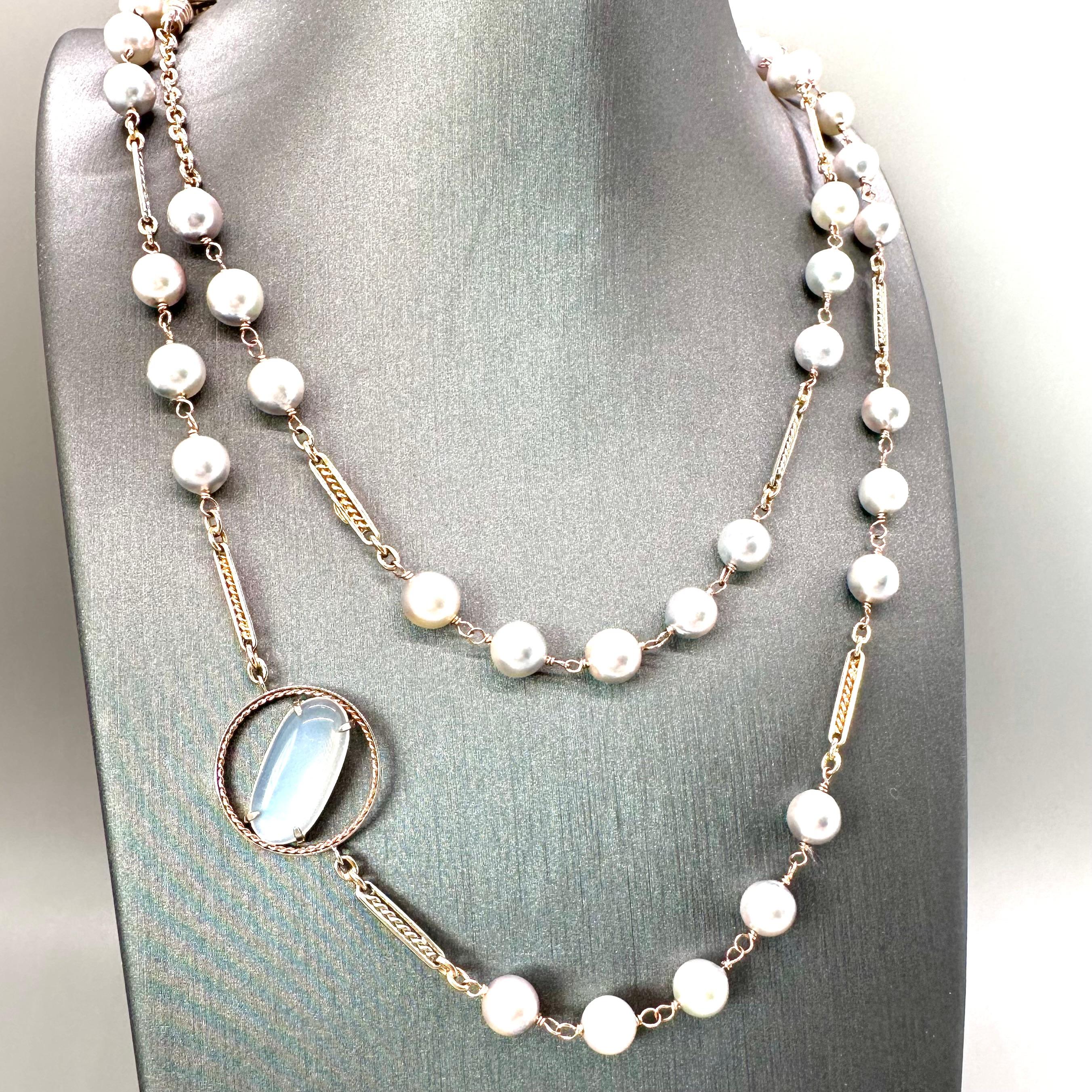 6.61 carat blue moonstone, Akoya pearls on a handmade 14k necklace by G&G Studio For Sale 6