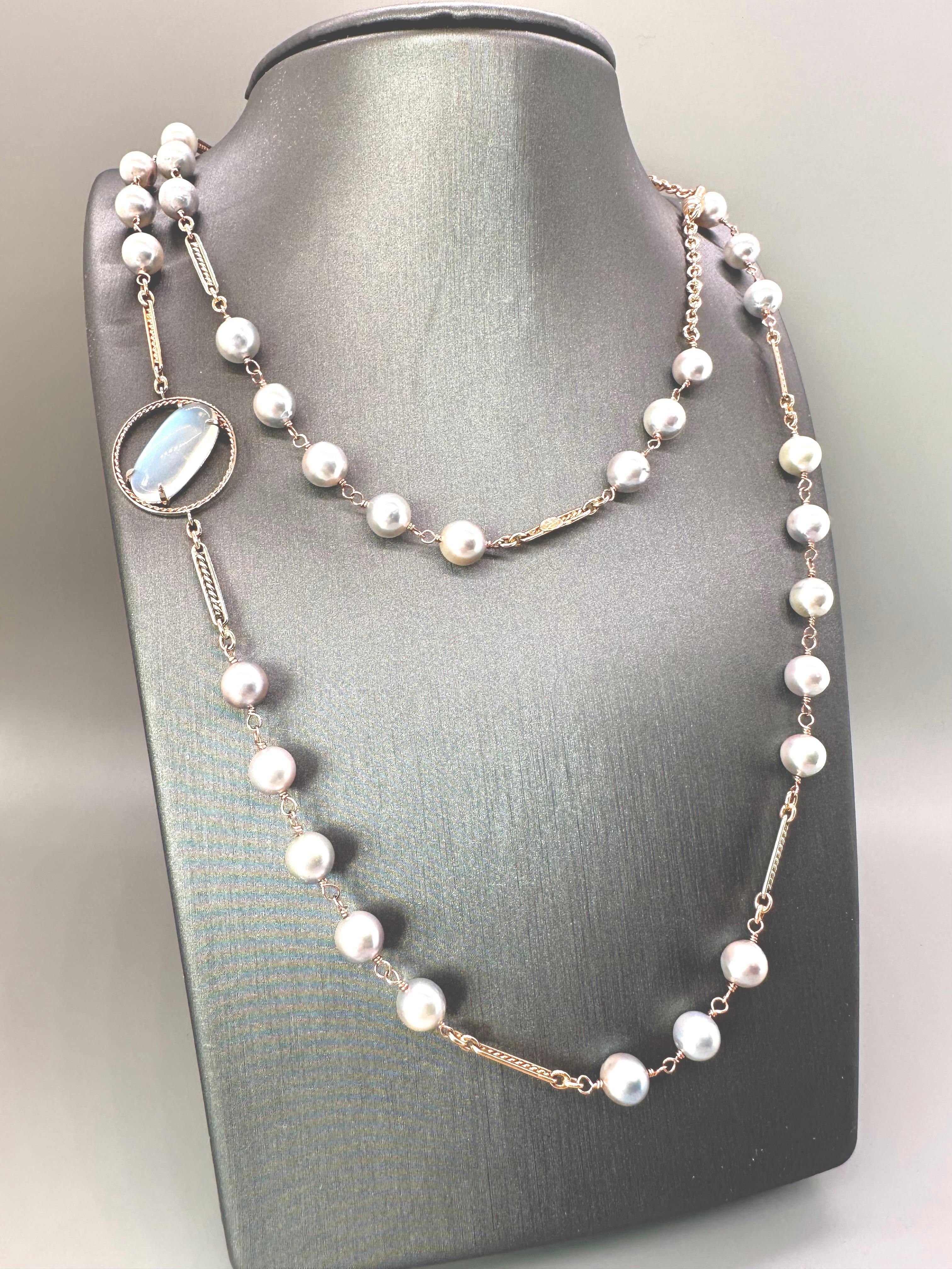 6.61 carat blue moonstone, Akoya pearls on a handmade 14k necklace by G&G Studio For Sale 7