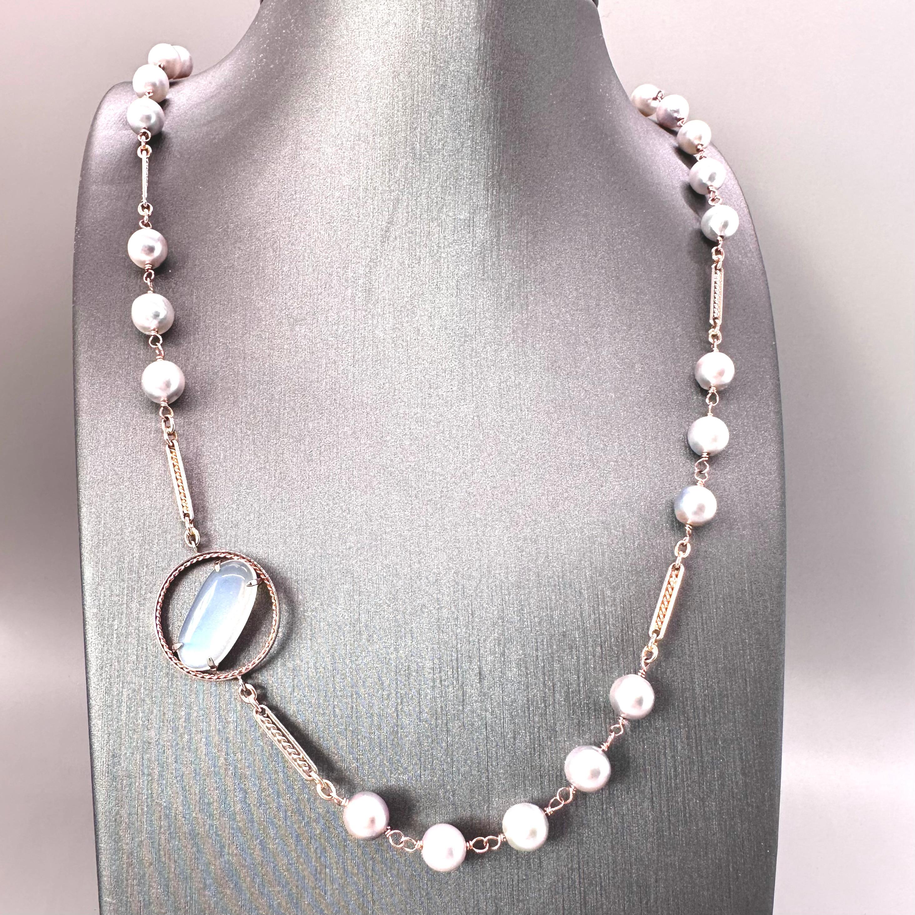 6.61 carat blue moonstone, Akoya pearls on a handmade 14k necklace by G&G Studio For Sale 8