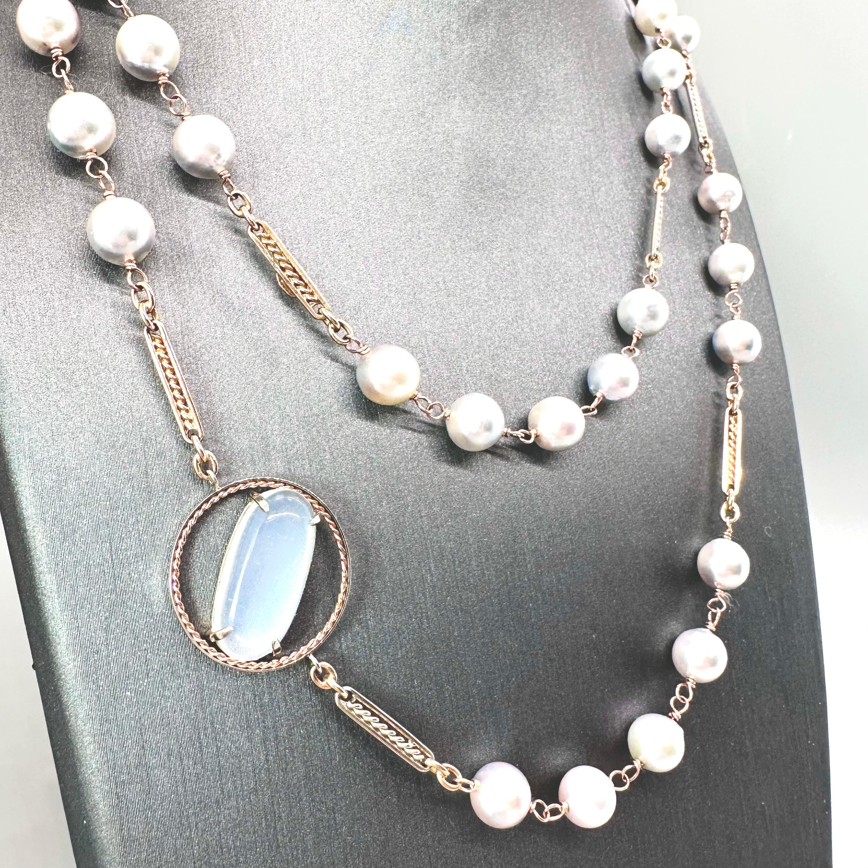 Contemporary 6.61 carat blue moonstone, Akoya pearls on a handmade 14k necklace by G&G Studio For Sale