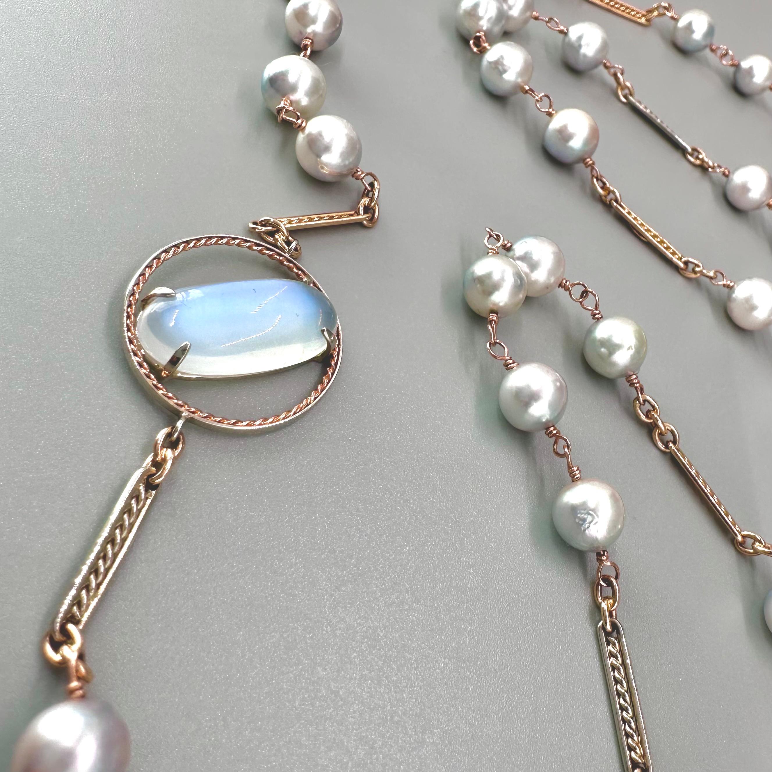 Oval Cut 6.61 carat blue moonstone, Akoya pearls on a handmade 14k necklace by G&G Studio For Sale