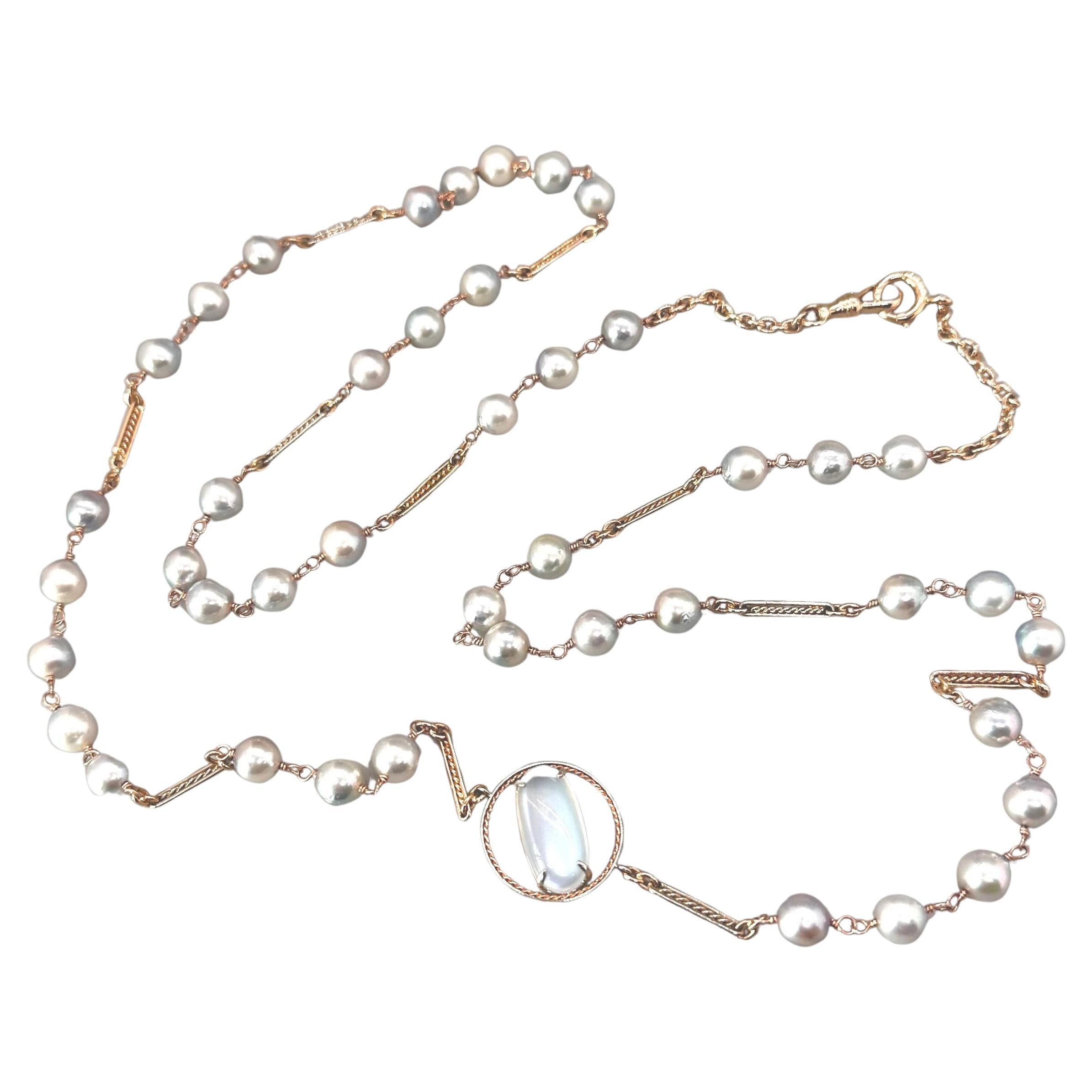 6.61 carat blue moonstone, Akoya pearls on a handmade 14k necklace by G&G Studio For Sale