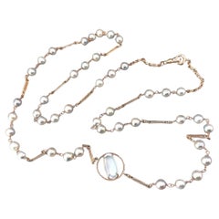 6.61 carat blue moonstone, Akoya pearls on a handmade 14k necklace by G&G Studio