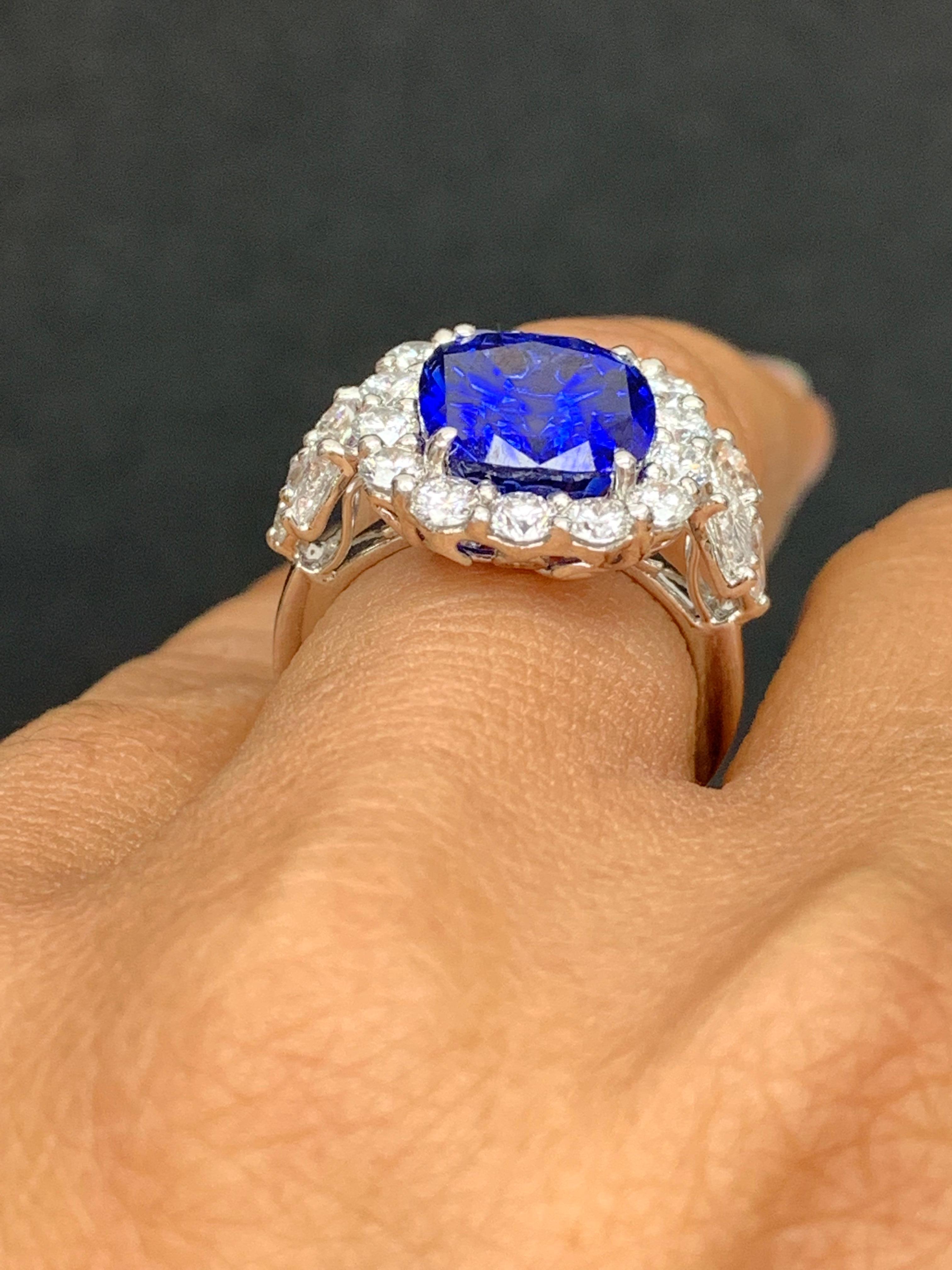 6.61 Carat Cushion Cut Blue Sapphire Diamond Engagement Ring in Platinum For Sale 6