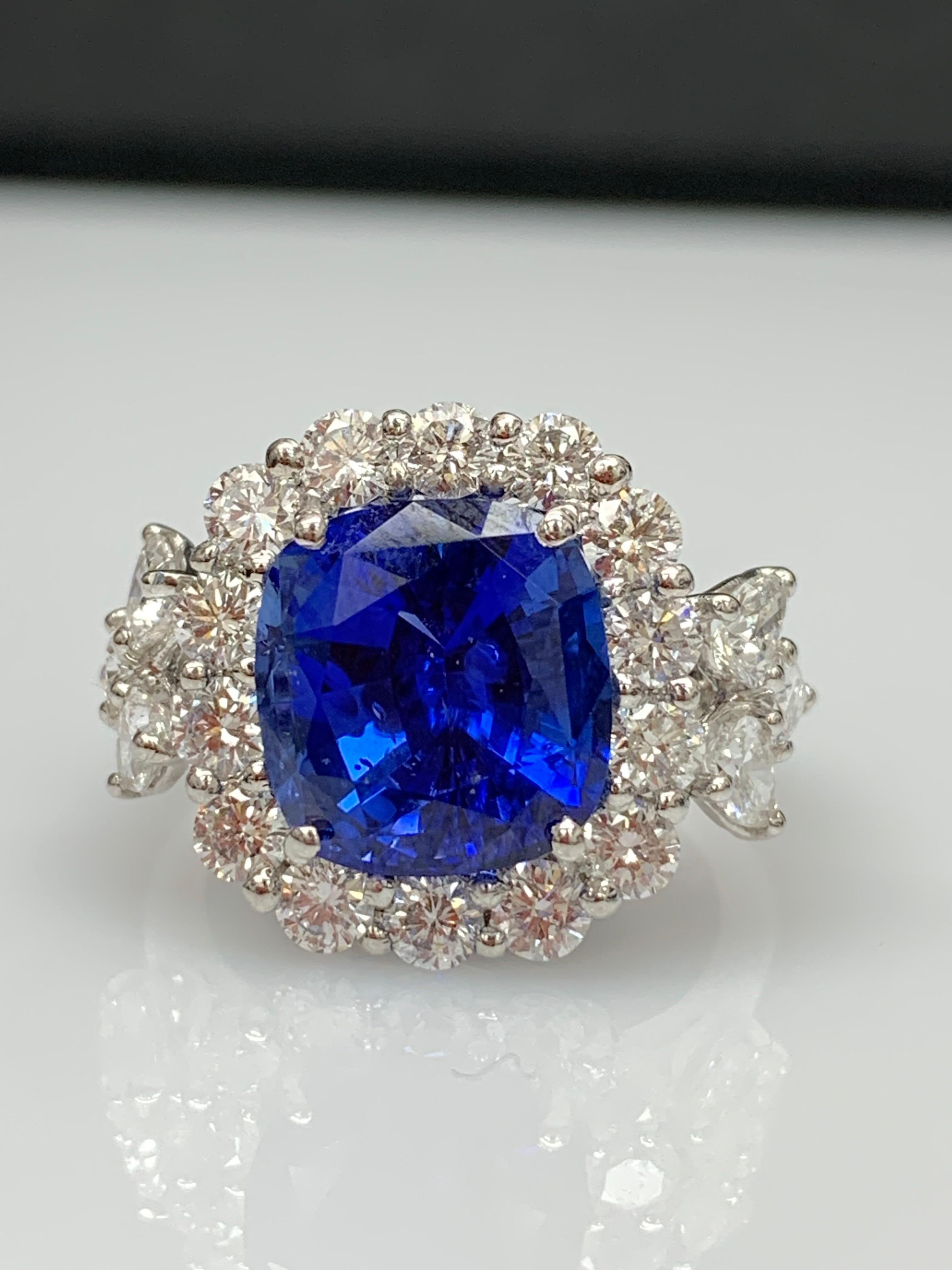 6.61 Carat Cushion Cut Blue Sapphire Diamond Engagement Ring in Platinum For Sale 8