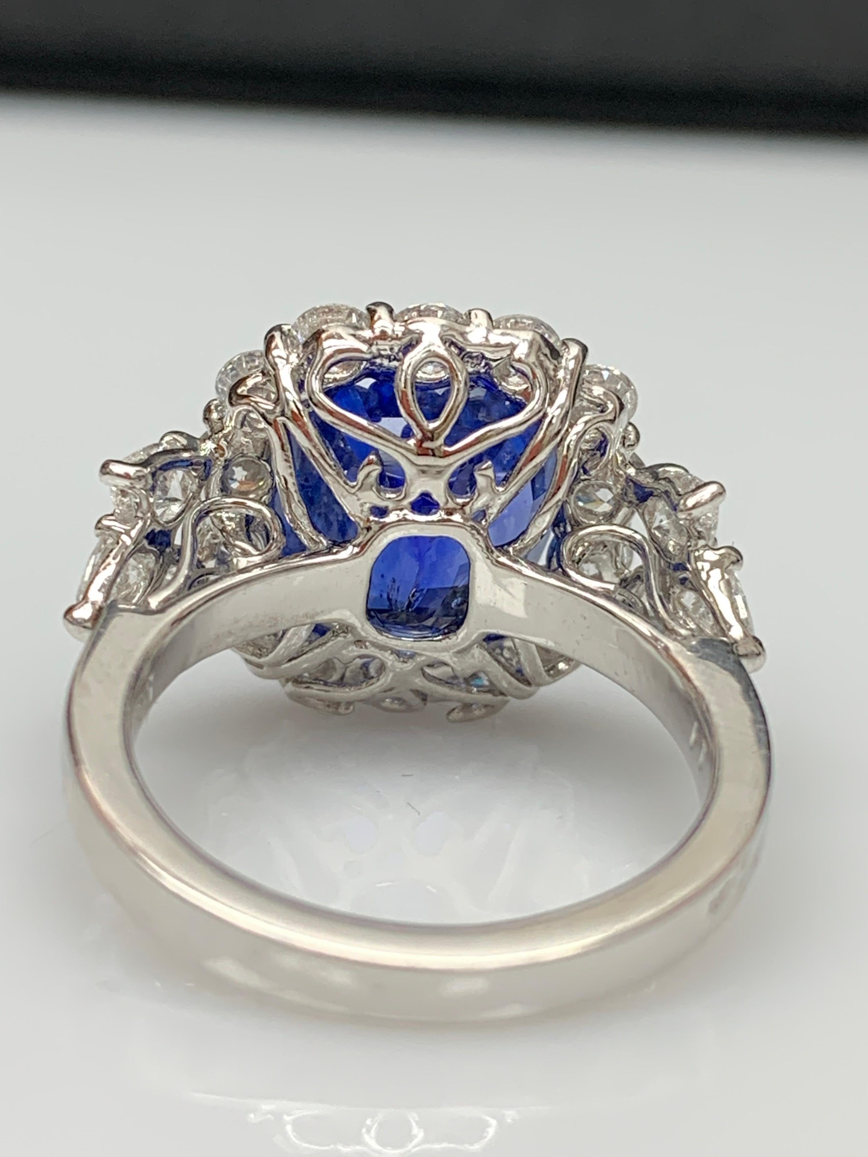 6.61 Carat Cushion Cut Blue Sapphire Diamond Engagement Ring in Platinum For Sale 11