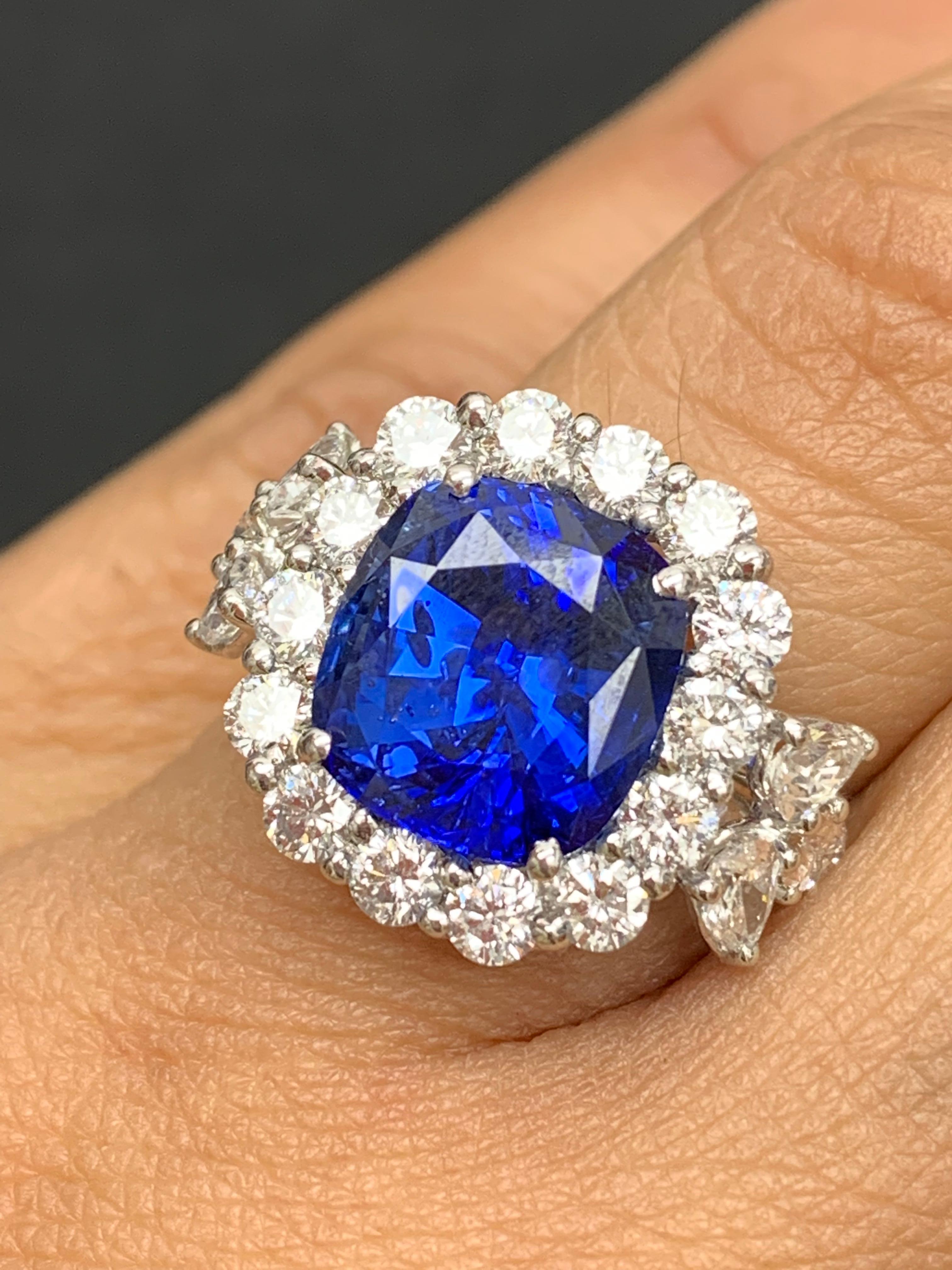 Modern 6.61 Carat Cushion Cut Blue Sapphire Diamond Engagement Ring in Platinum For Sale