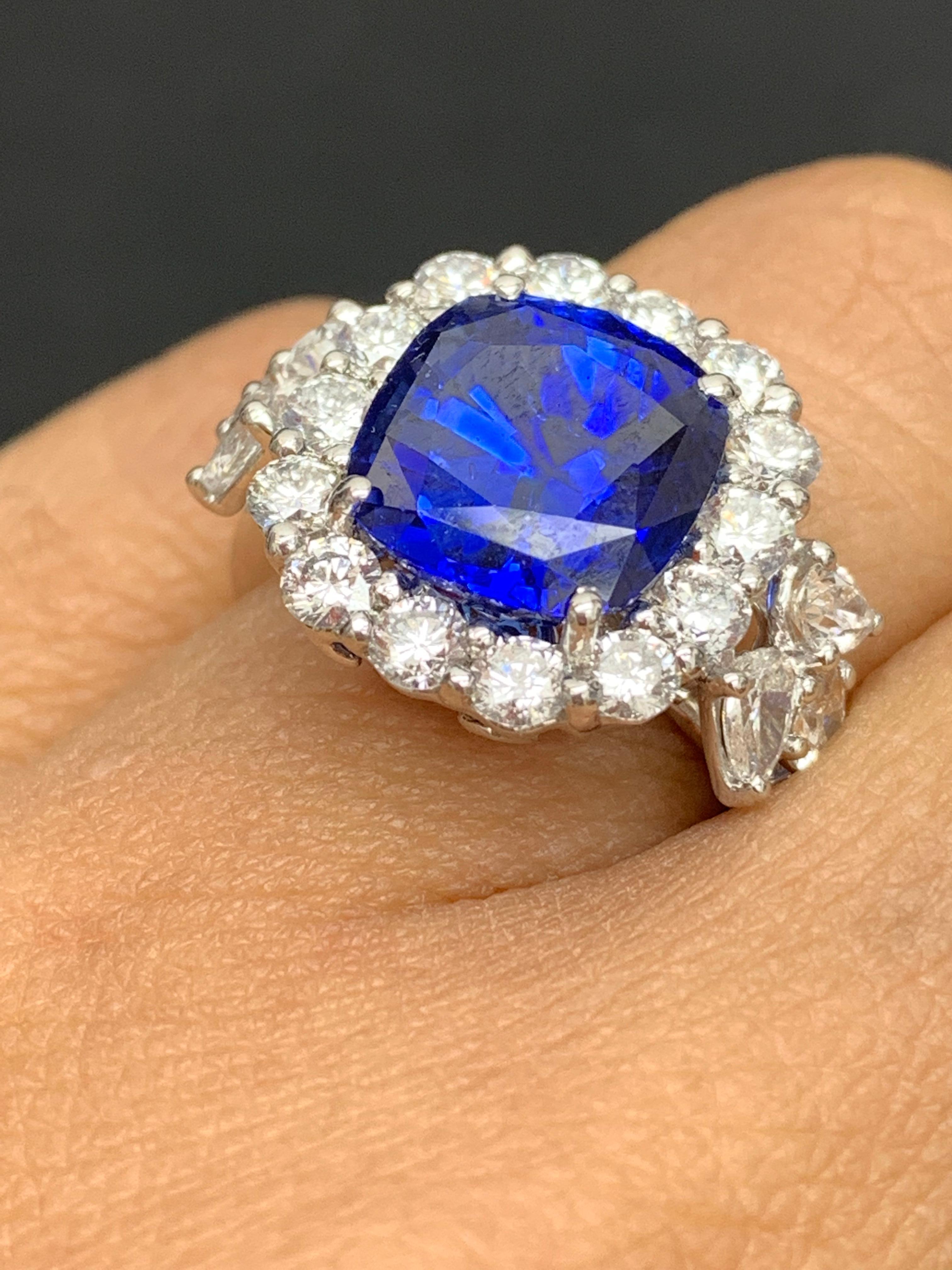 6.61 Carat Cushion Cut Blue Sapphire Diamond Engagement Ring in Platinum In New Condition For Sale In NEW YORK, NY
