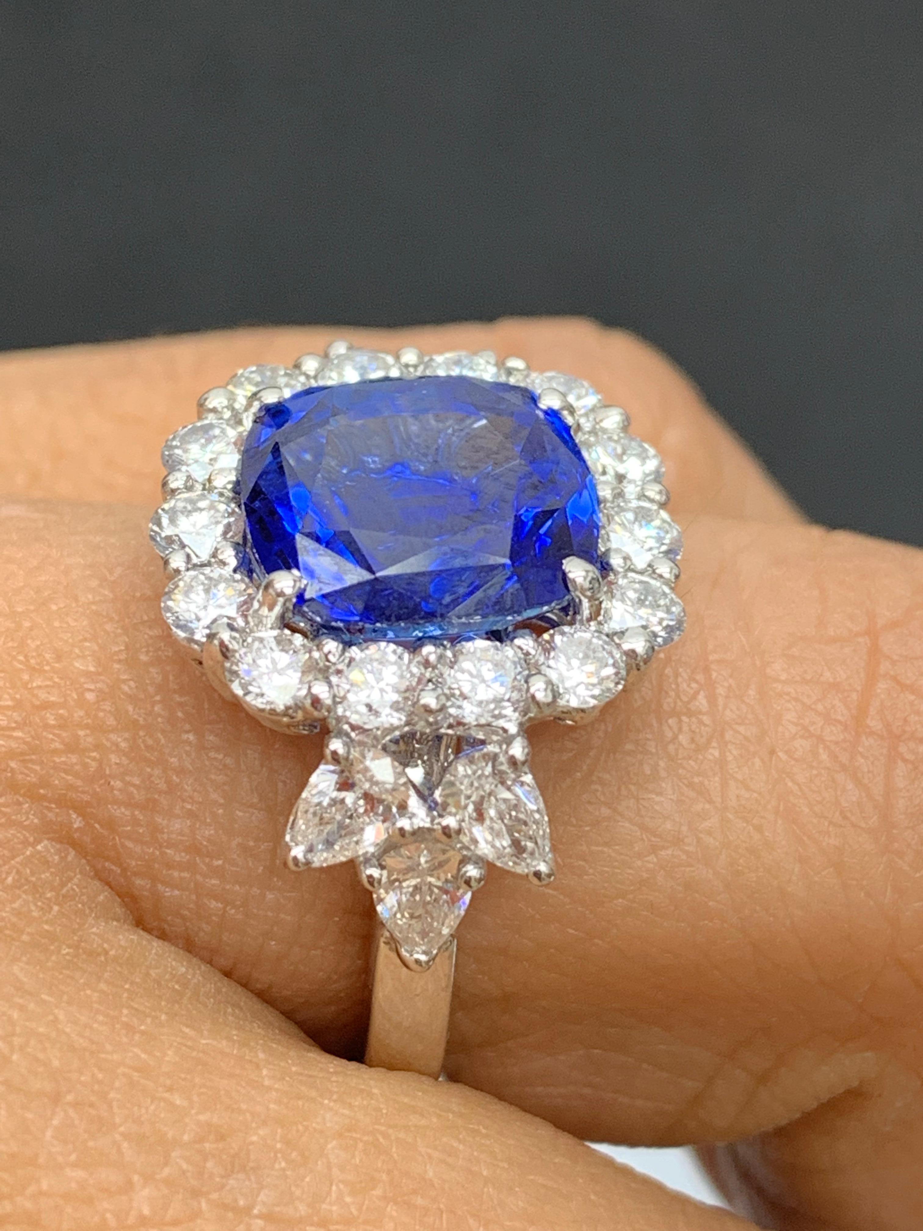 6.61 Carat Cushion Cut Blue Sapphire Diamond Engagement Ring in Platinum For Sale 2