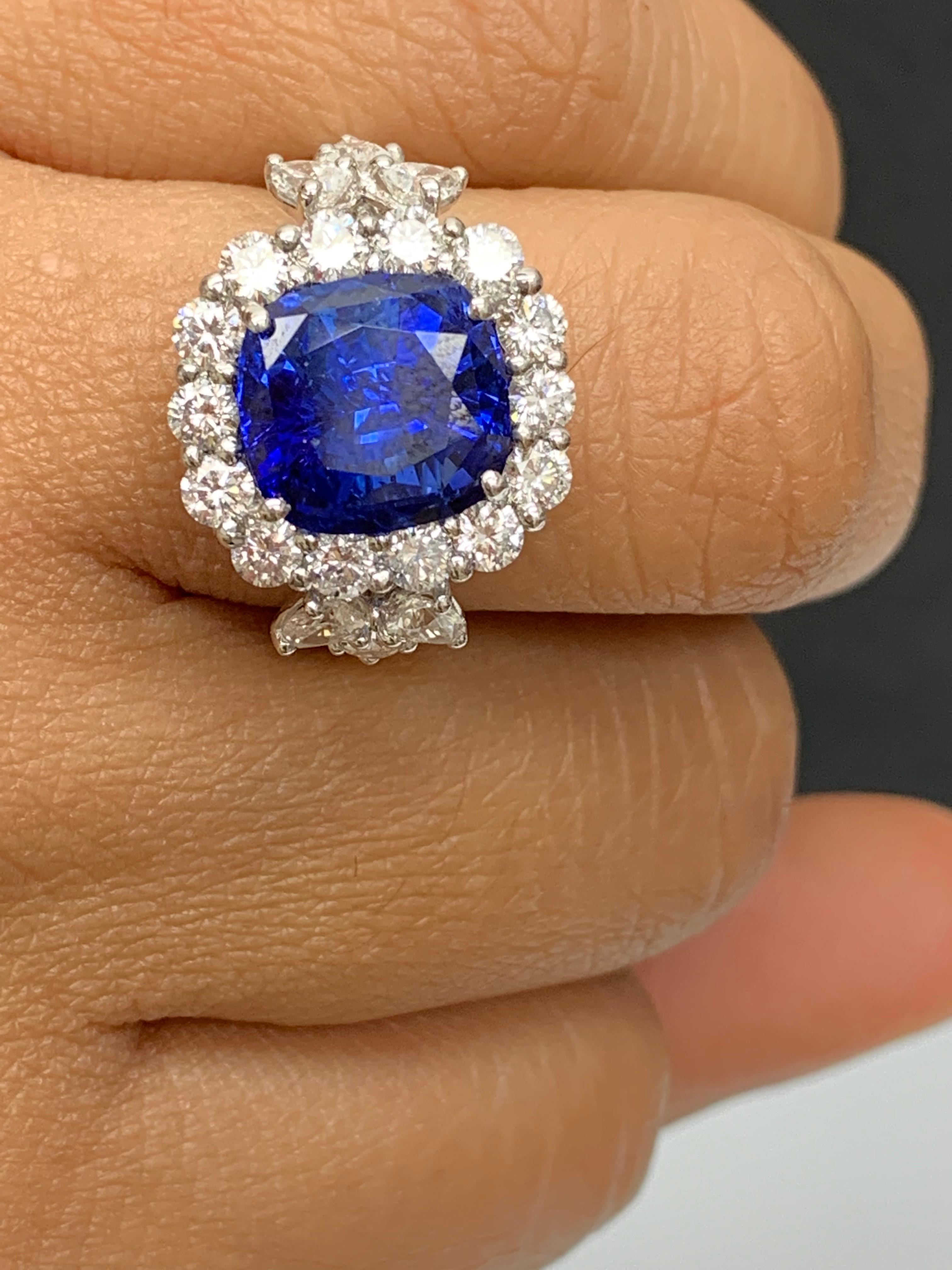 6.61 Carat Cushion Cut Blue Sapphire Diamond Engagement Ring in Platinum For Sale 3