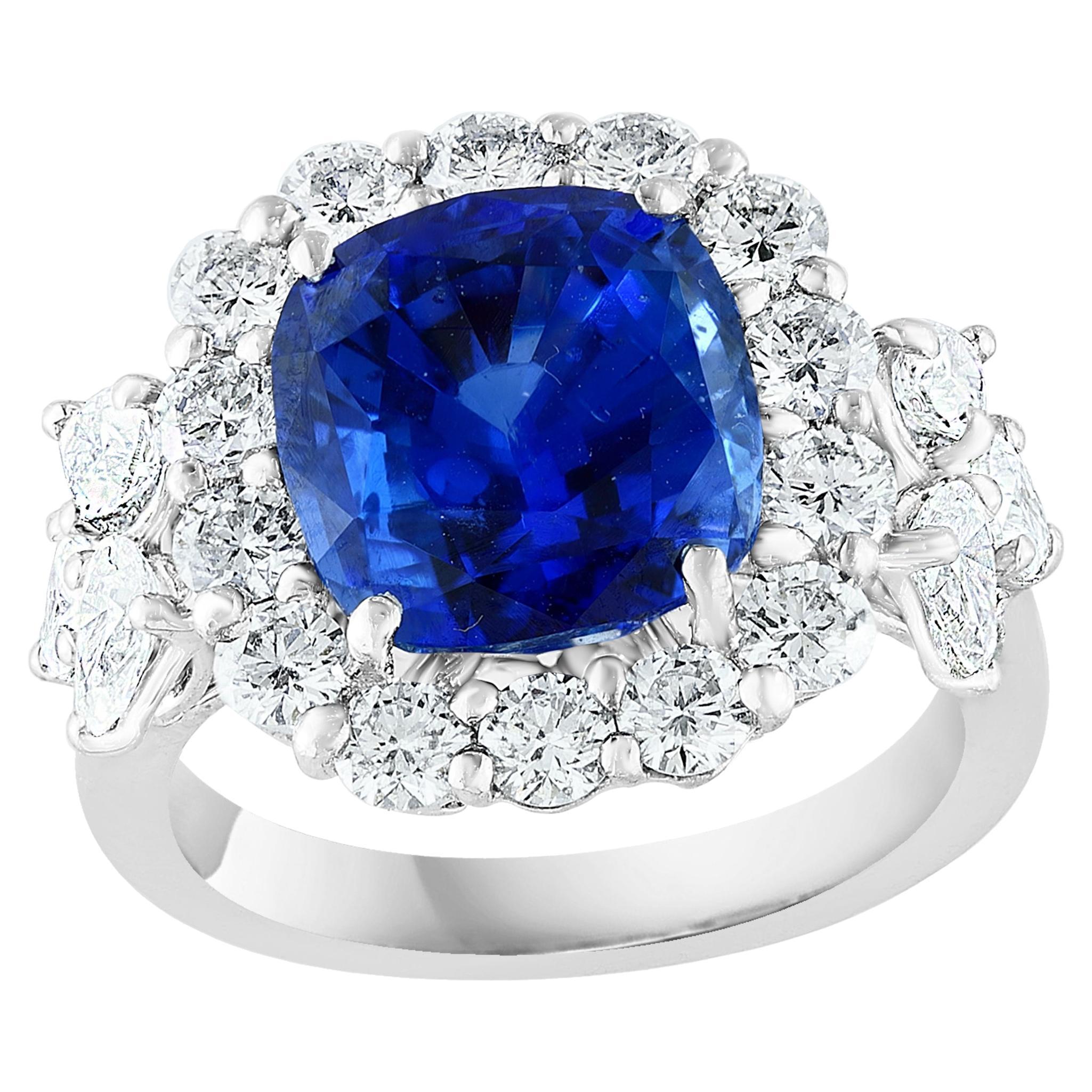 6.61 Carat Cushion Cut Blue Sapphire Diamond Engagement Ring in Platinum For Sale