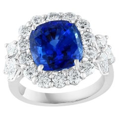 6.61 Carat Cushion Cut Blue Sapphire Diamond Engagement Ring in Platinum
