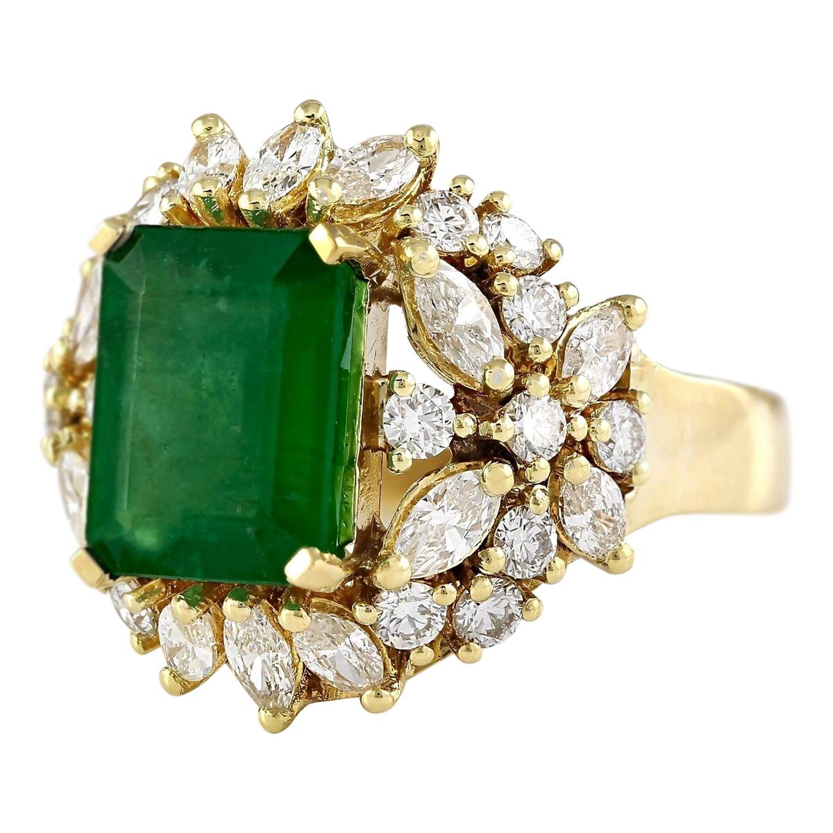 Step into the world of timeless elegance with this breathtaking Emerald and Diamond Ring, expertly crafted in luxurious 14K yellow gold. At the heart of the design sits a magnificent 6.61 carat emerald, boasting a captivating emerald cut and