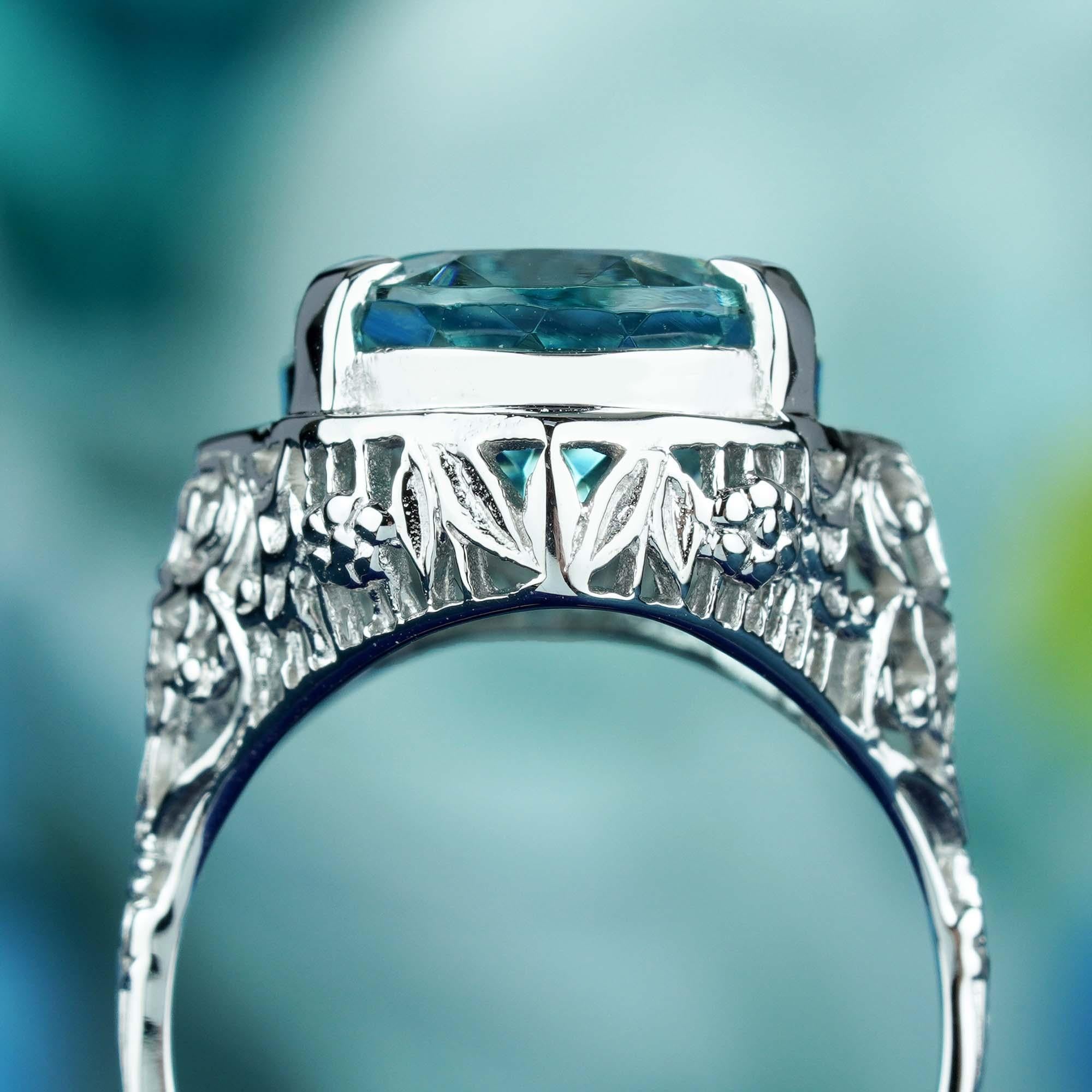 Oval Cut 6.61 Ct. Natural Aquamarine Vintage Style Filigree Solitaire Ring in 14K Gold For Sale