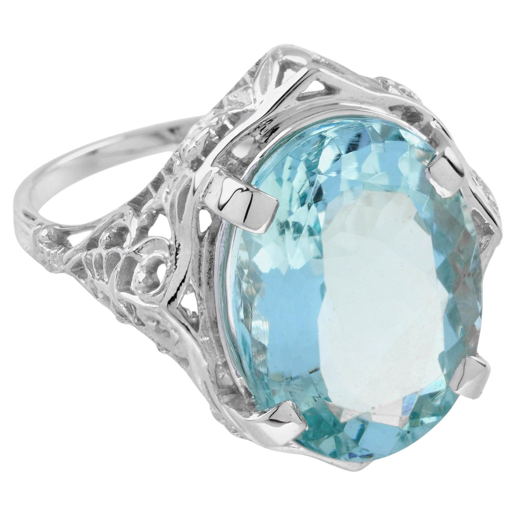 6.61 Ct. Natural Aquamarine Vintage Style Filigree Solitaire Ring in 14K Gold For Sale