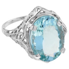 6.61 Ct. Natural Aquamarine Vintage Style Filigree Solitaire Ring in 14K Gold