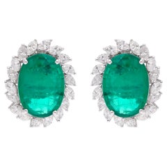 6.61Ct Oval Zambian Emerald Marquise Halo Diamond Stud Earrings 14k White Gold