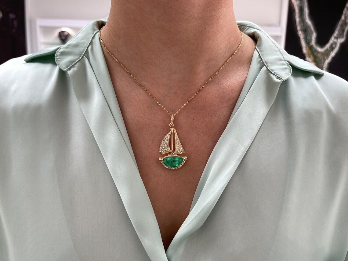 Voilier nautique exquis émeraude colombienne et diamant 6,61 ctw AAA fabriqué à la main Neuf - En vente à Jupiter, FL