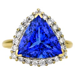 6.62 Carat 14 Karat Yellow Gold Trillion Tanzanite Diamond Cocktail Ring