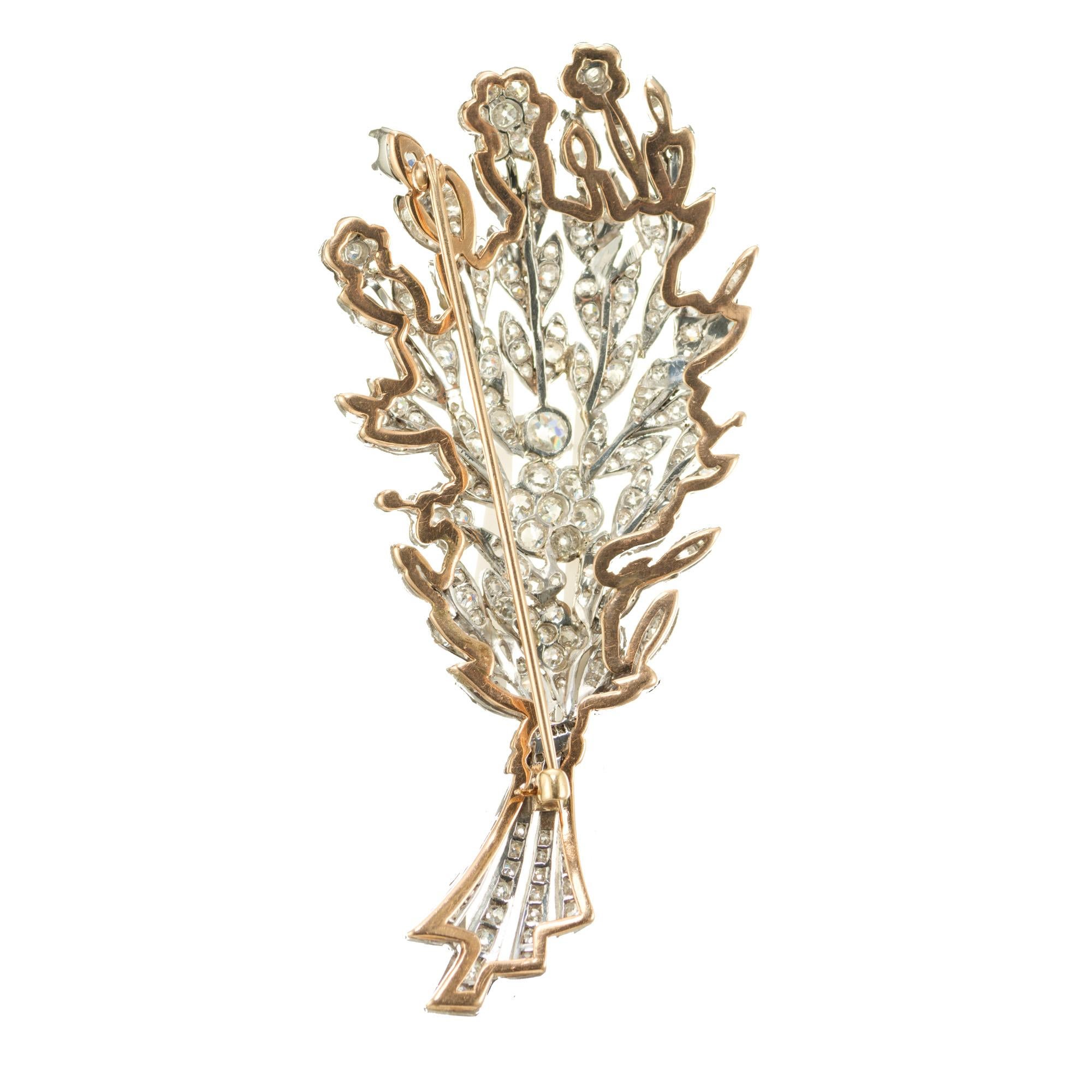 Old Mine Cut 6.62 Carat Diamond Rose Gold Platinum Flower Brooch For Sale