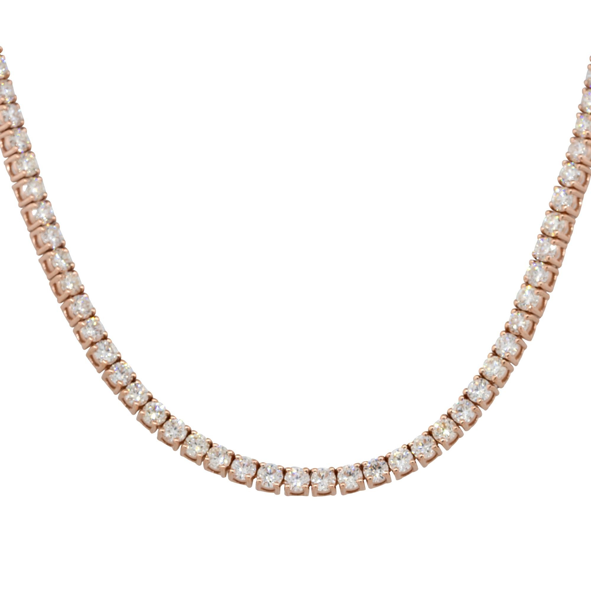 Material: 14k Rose Gold
Diamond Details: Approx. 6.62ctw of round cut Diamonds. Diamonds are G/H in color and VS in clarity
Clasps: Tongue in box with safety clasp
Total Weight: 16.7g (10.7dwt)
Length: 18