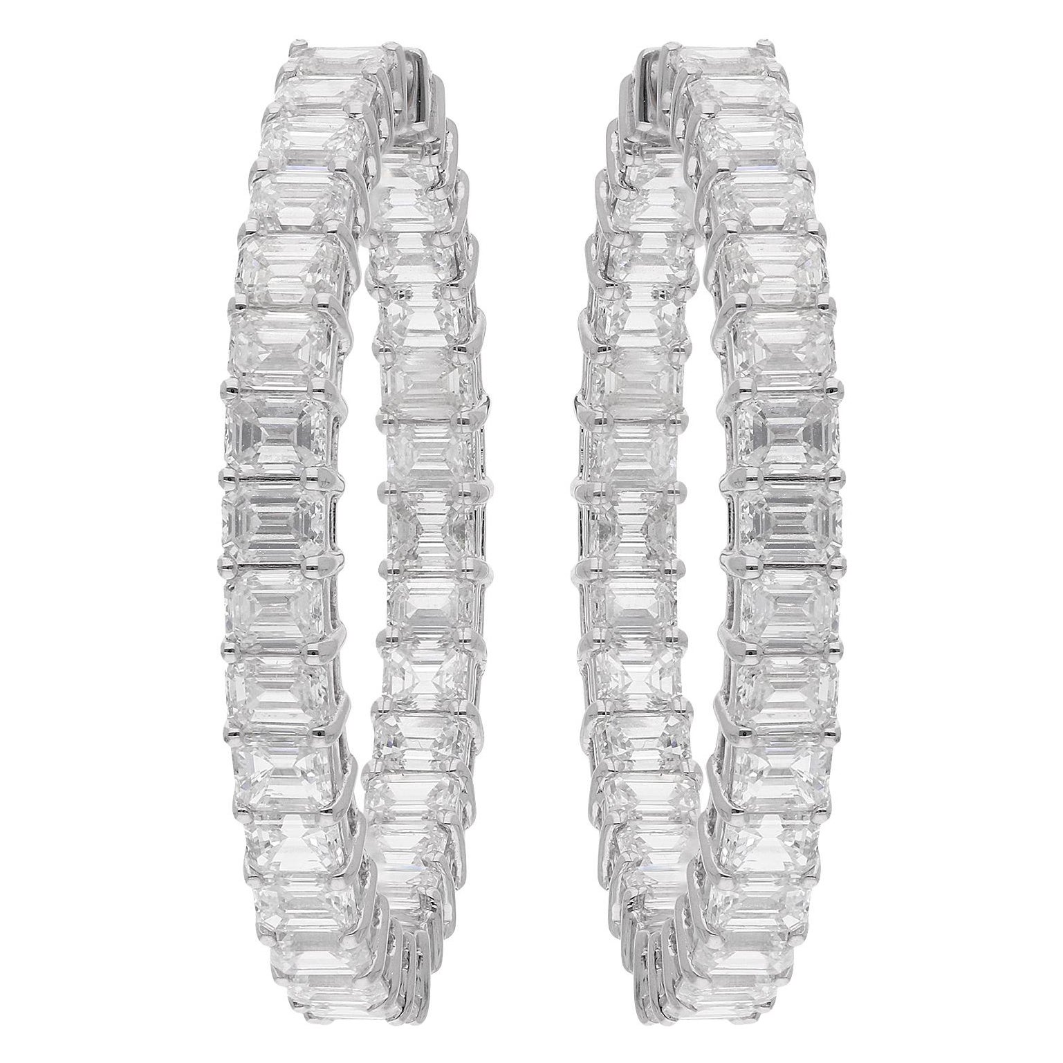 6.62 Ct. Emerald Cut Diamond Hoop Earrings 14 Karat White Gold Handmade Jewelry