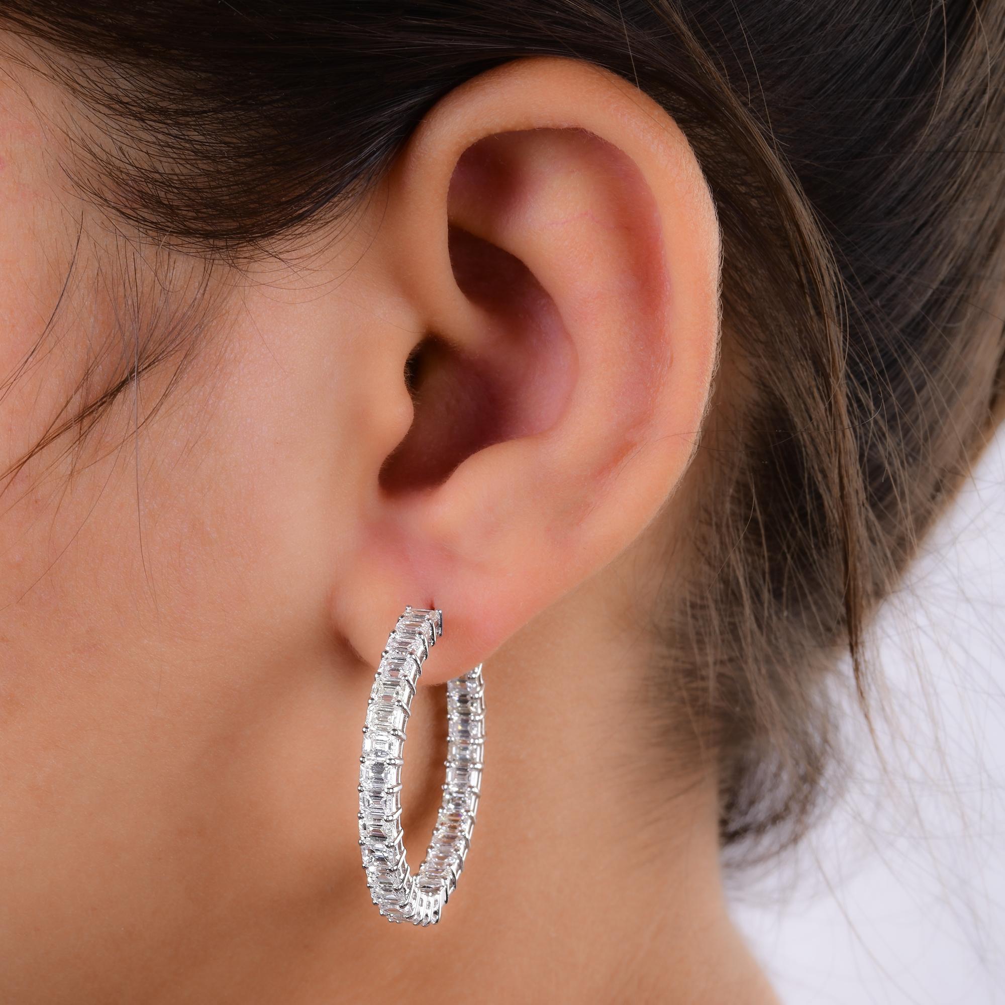 Women's 6.62 Ct. Emerald Cut Diamond Hoop Earrings 18 Karat White Gold Handmade Jewelry For Sale