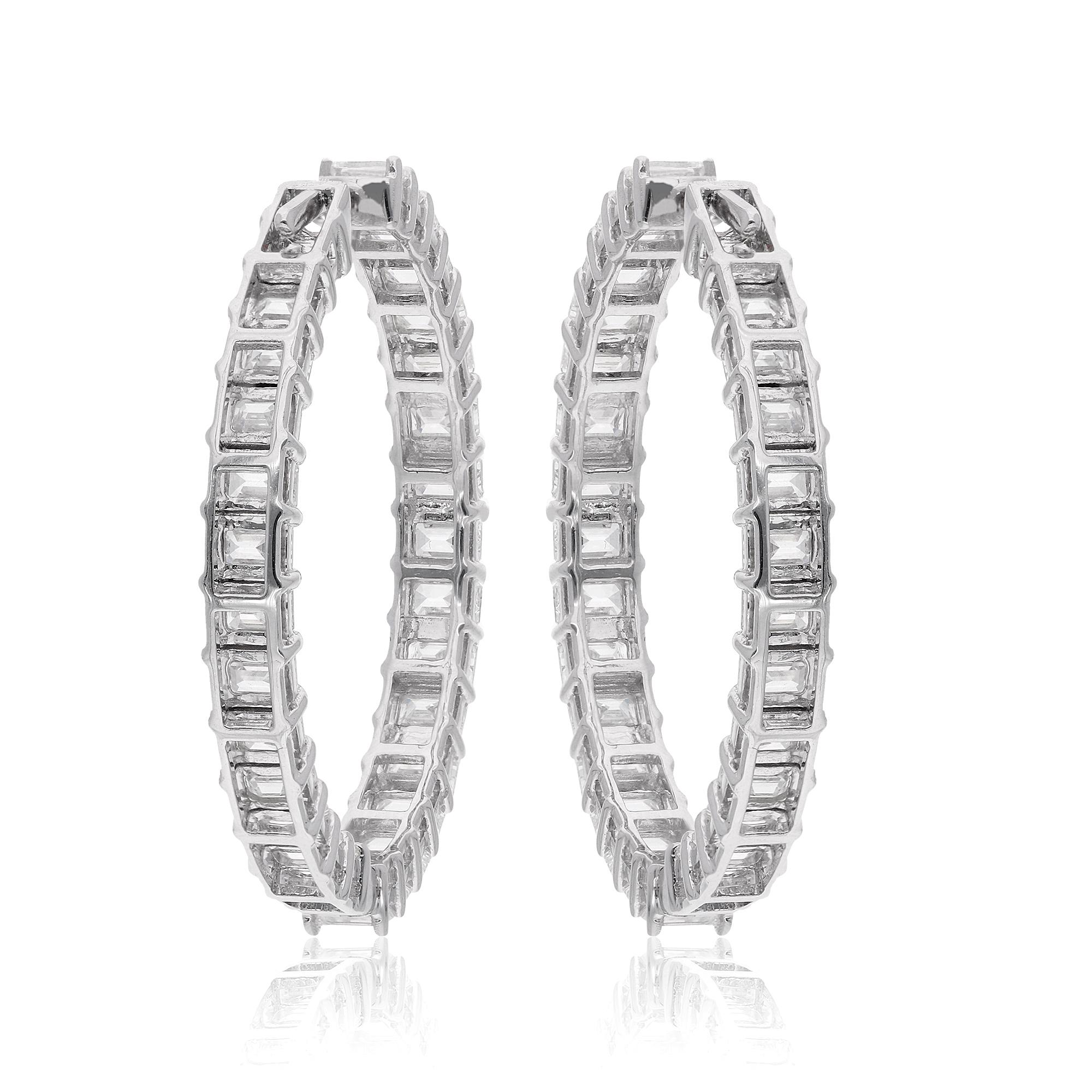 Women's 6.62 Ct. Emerald Cut Diamond Hoop Earrings 18 Karat White Gold Handmade Jewelry For Sale