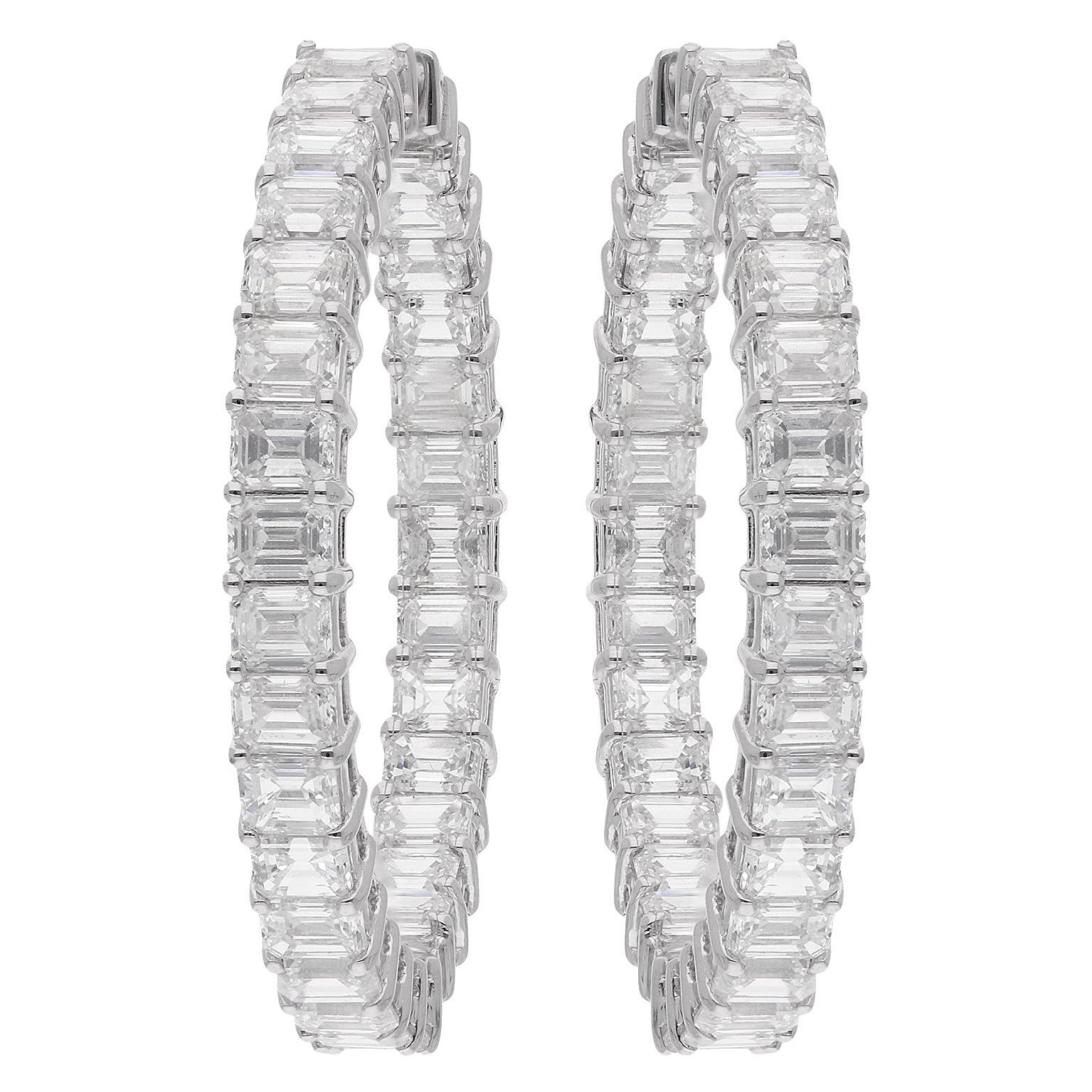 6.62 Ct. Emerald Cut Diamond Hoop Earrings 18 Karat White Gold Handmade Jewelry