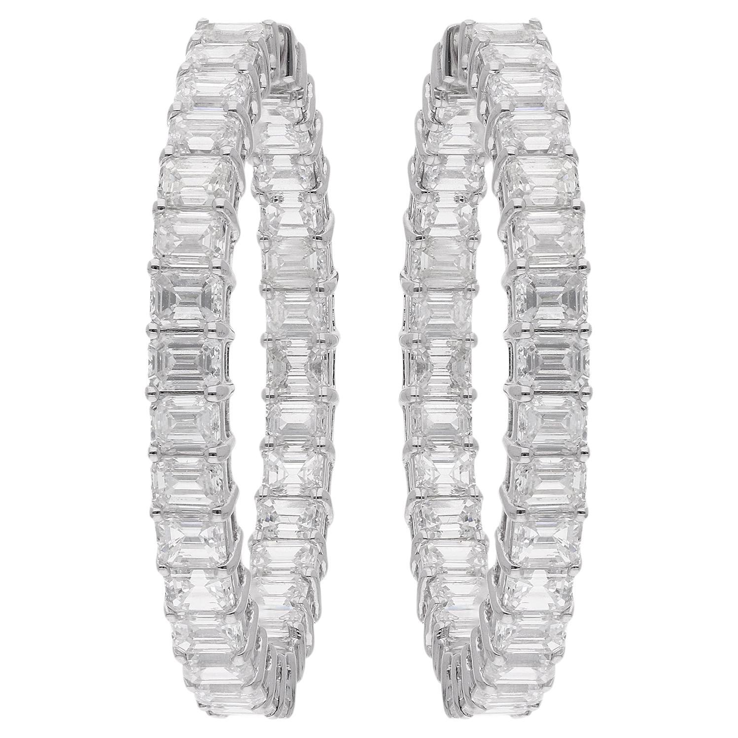 6.62 Ct. Emerald Cut Diamond Hoop Earrings 18 Karat White Gold Handmade Jewelry For Sale