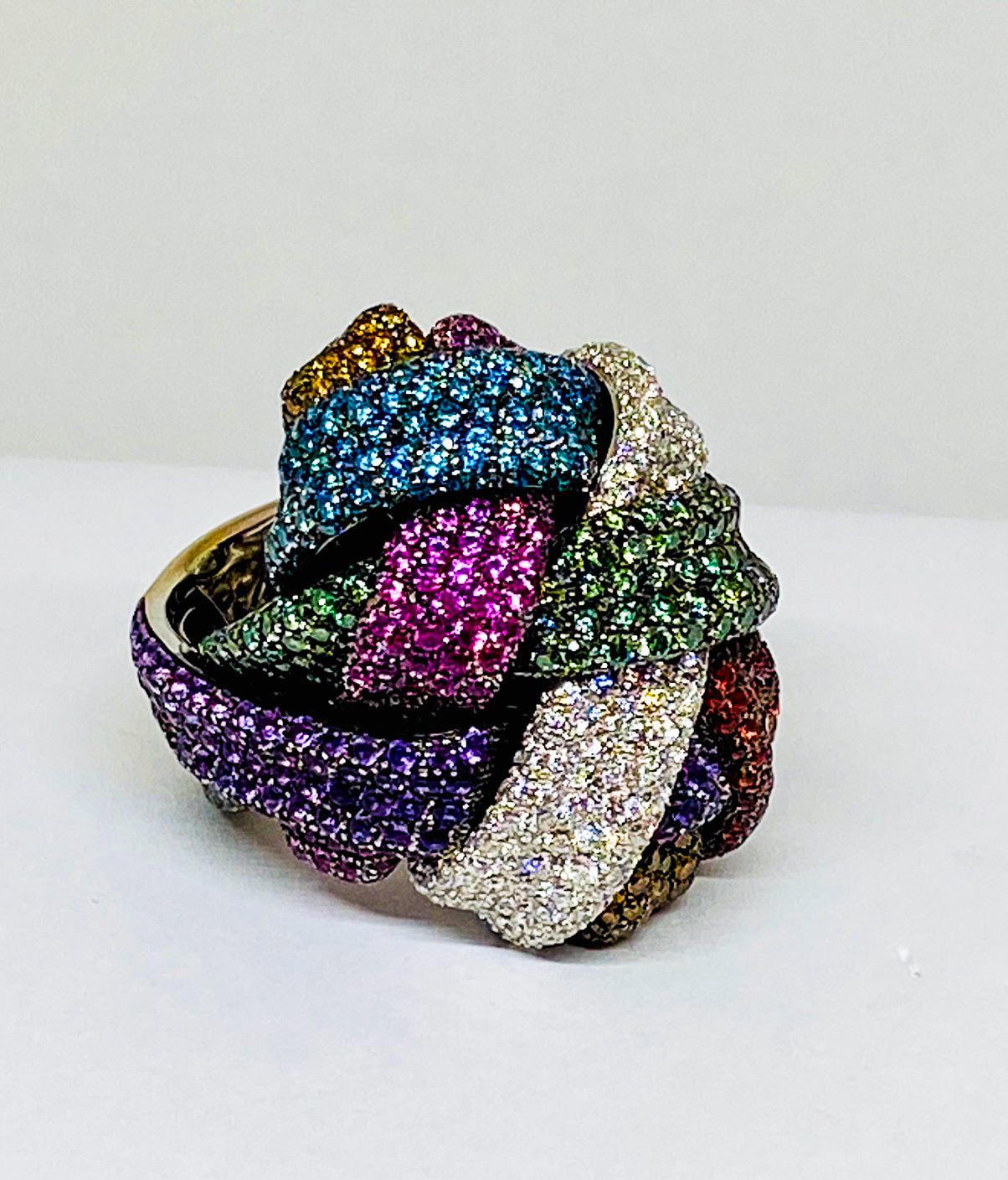 6.62 Ct Multi Colored Diamond and Sapphire Cocktail Ring in 18KT White Gold In New Condition For Sale In Houston, TX