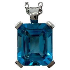 6.62ct Fine Swiss Blue Topaz Emerald Octagon Cut White Gold Pendant Necklace