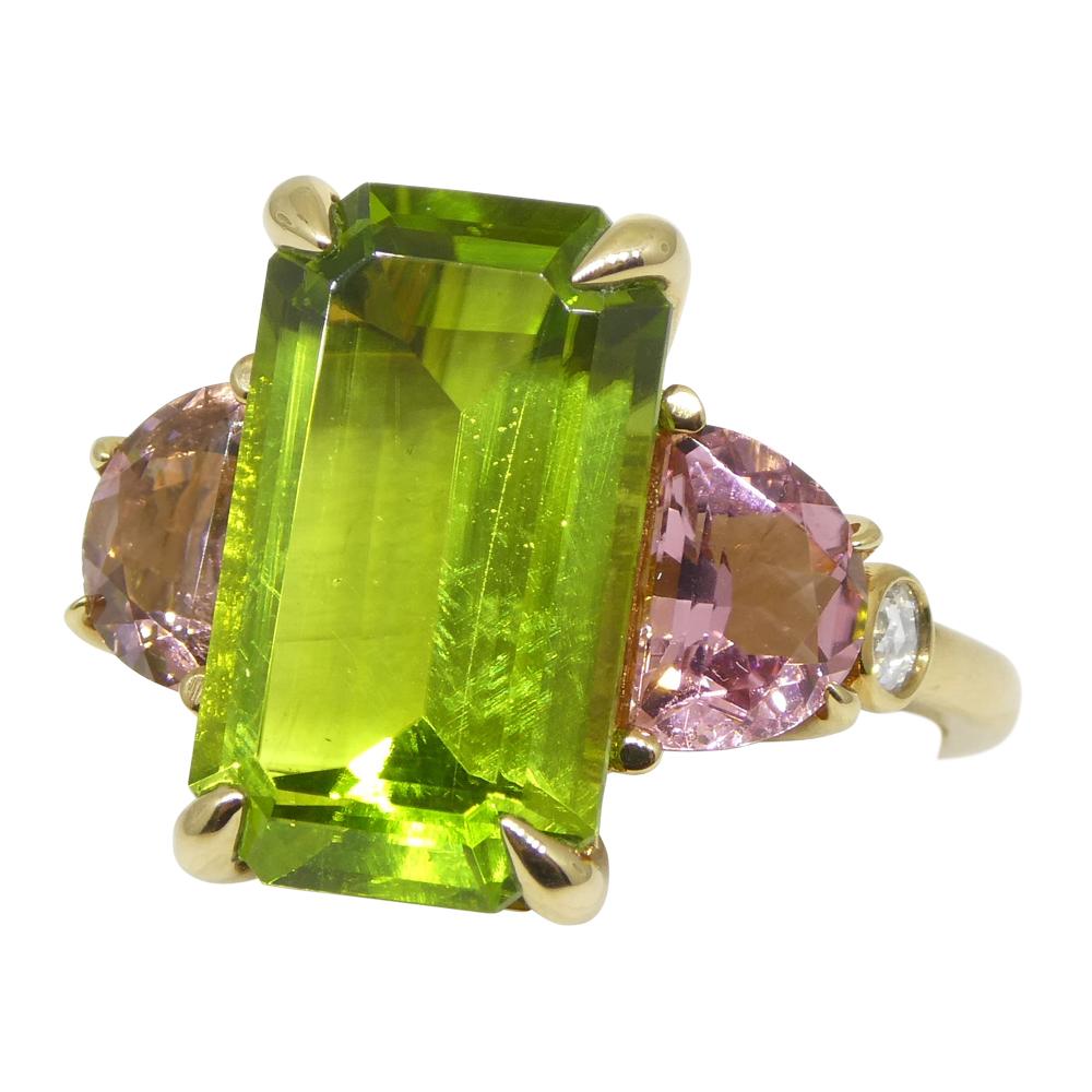 6.62ct Peridot, Pink Tourmaline & Diamond Ring set in 14k Yellow Gold 6