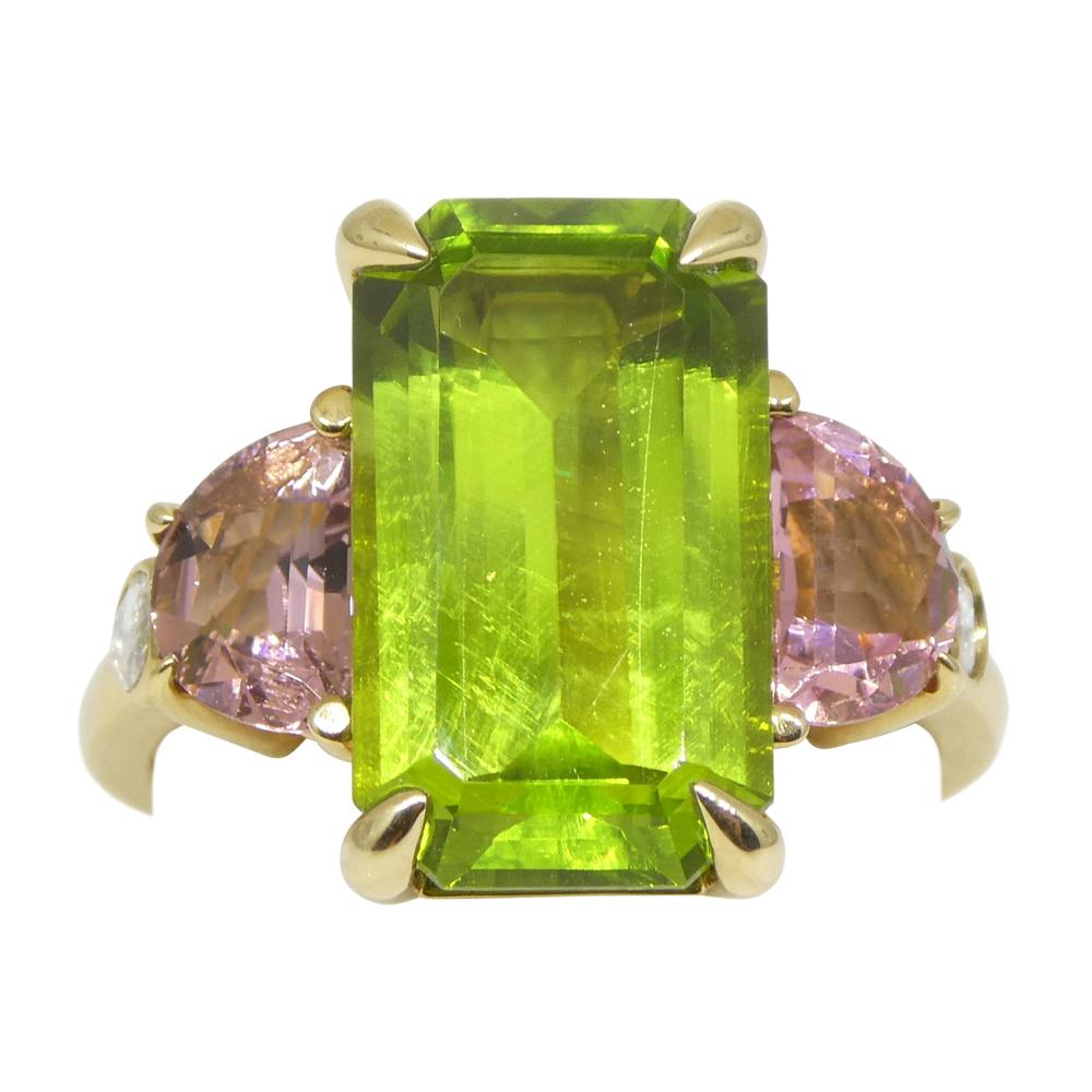 6.62ct Peridot, Pink Tourmaline & Diamond Ring set in 14k Yellow Gold 9