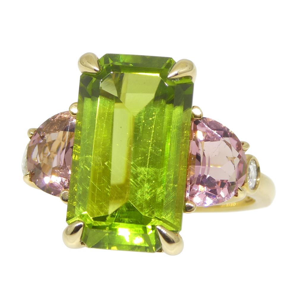 Emerald Cut 6.62ct Peridot, Pink Tourmaline & Diamond Ring set in 14k Yellow Gold