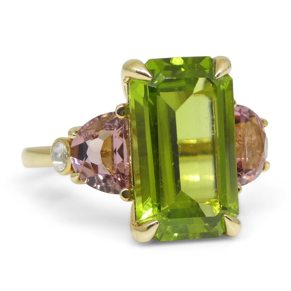 Women's or Men's 6.62ct Peridot, Pink Tourmaline & Diamond Ring set in 14k Yellow Gold