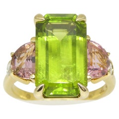 Anillo de oro amarillo de 14k con peridoto, turmalina rosa y diamantes de 6,62 ct