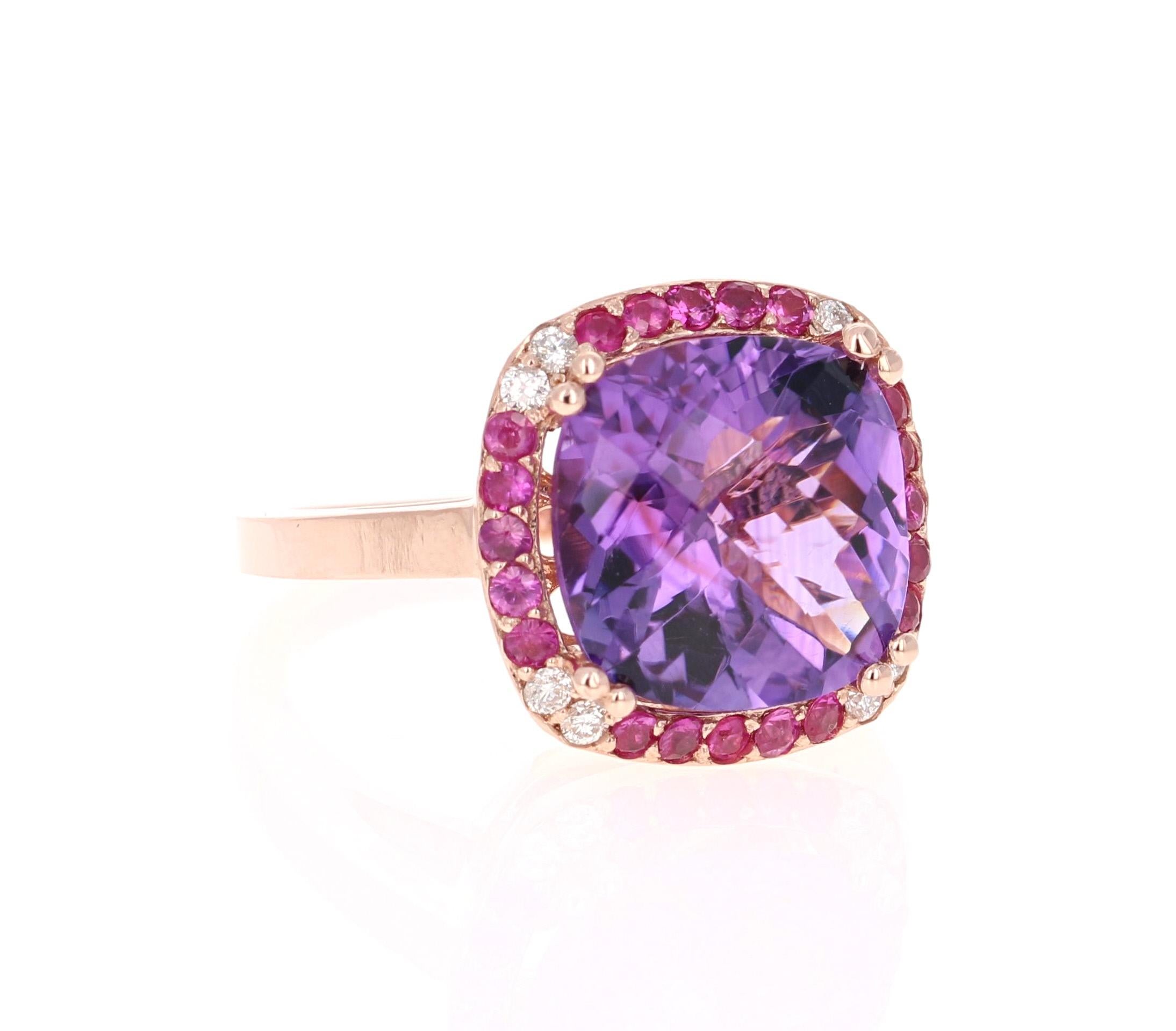 Amethyst, Pink Sapphire, and Diamond Cocktail Ring! 

Playful yet Powerful! Its like having a piece of glittery candy on your finger! This ring has a Checkers Cushion Cut Amethyst that weighs 5.94 Carats and is embellished with 20 Pink Sapphires